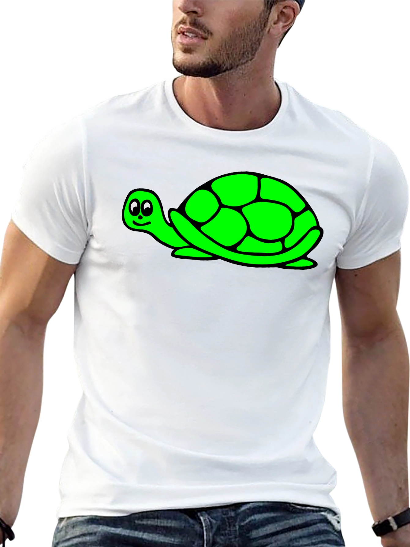 Cute Green Turtle Graphic Print Black T-Shirt