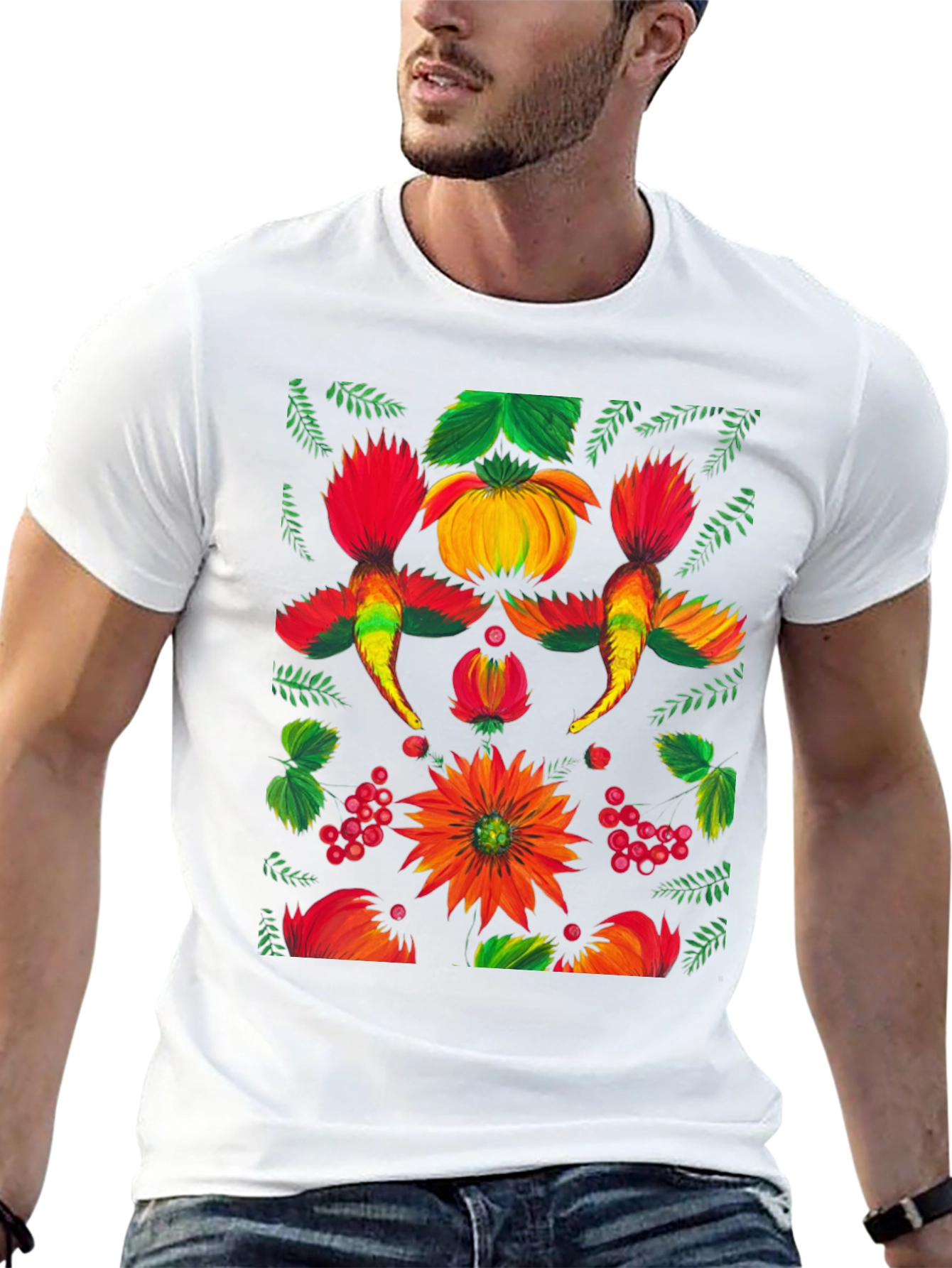 Floral Ukrainian Folk Art Print Black T-Shirt