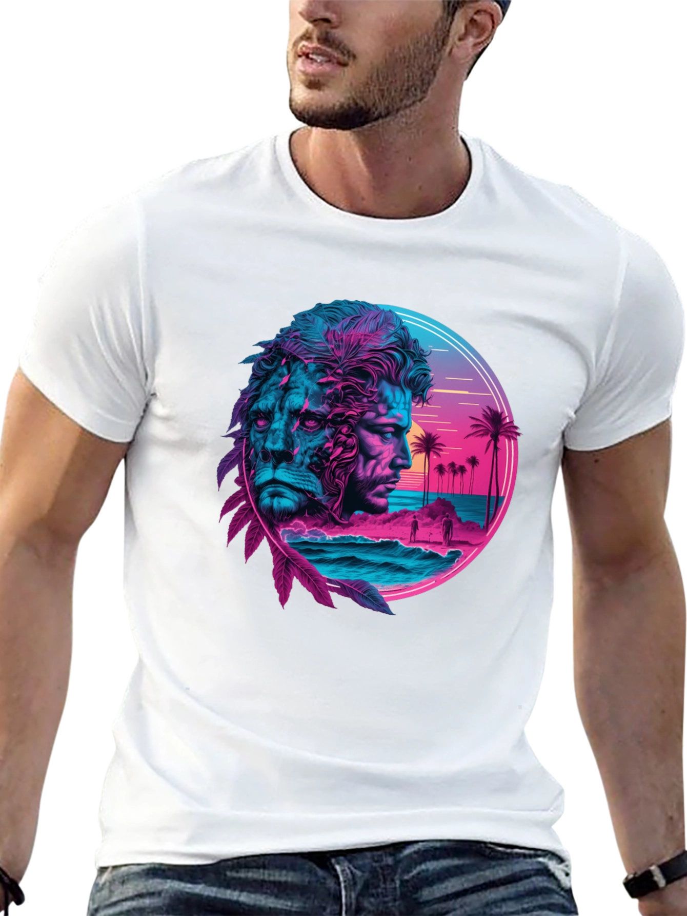 Neon Lion Man Graphic Black T-Shirt