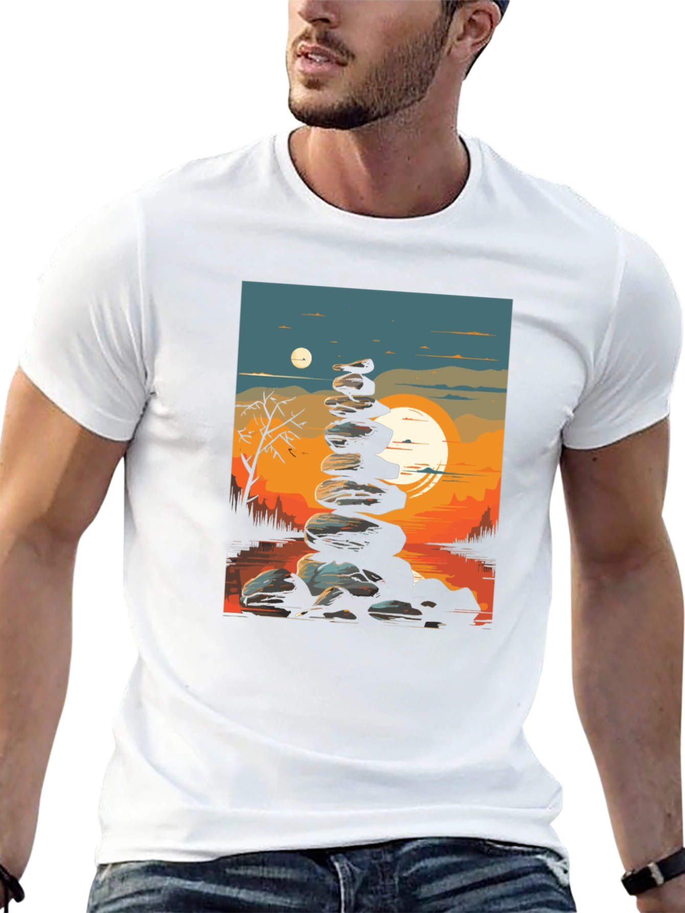 Zen Rock Stack T-Shirt - Sunset Landscape