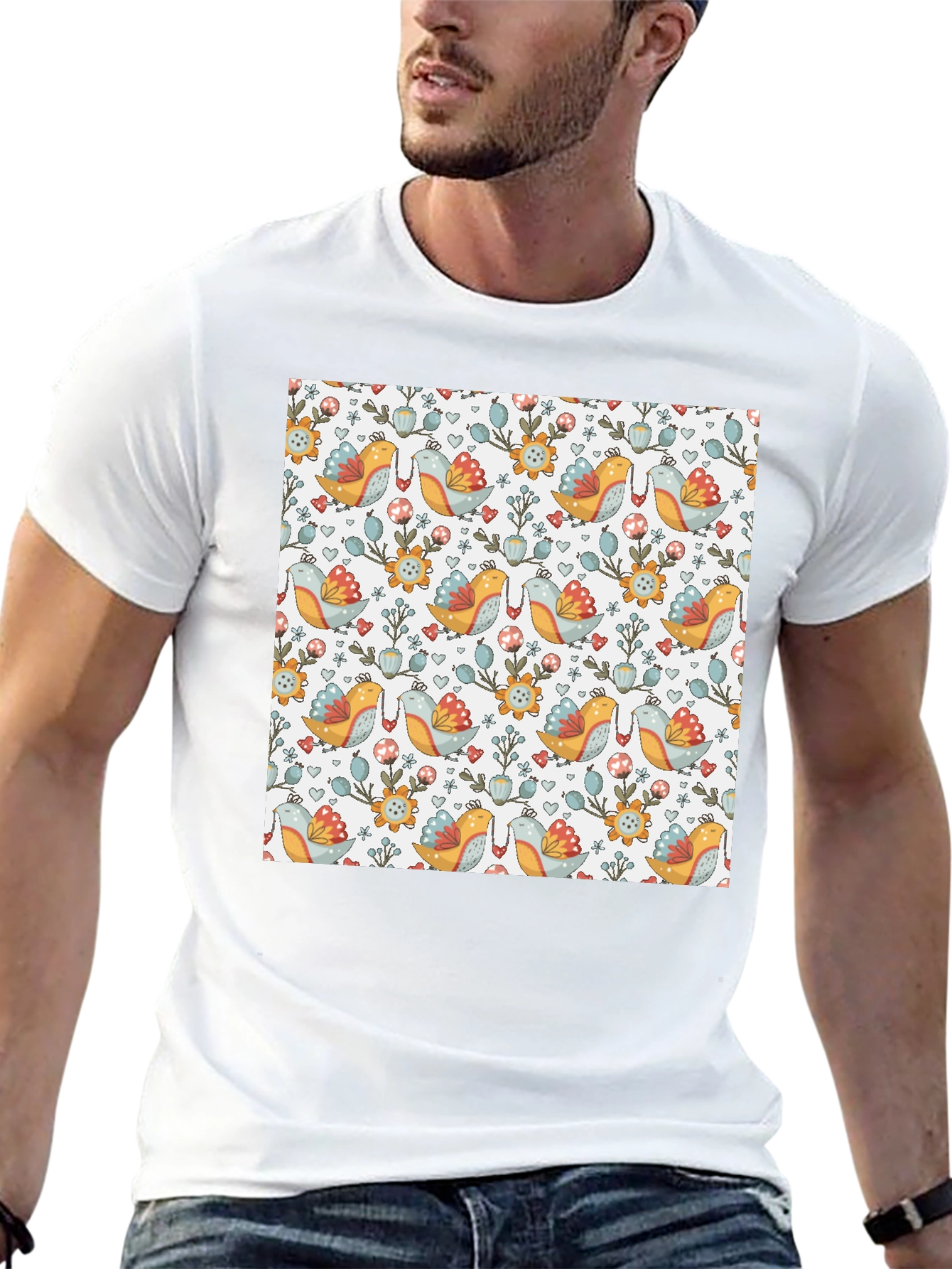 Bird & Floral Patterned T-Shirt