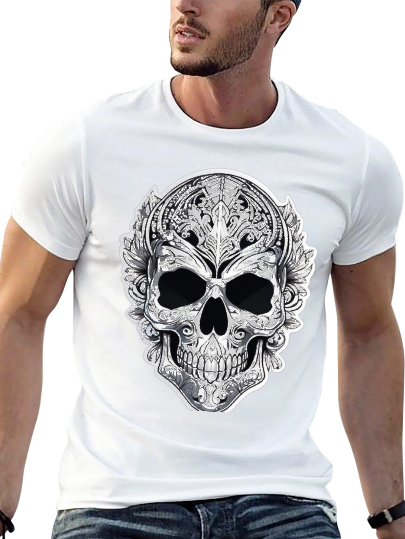 Ornate Skull Graphic Tee - Black Cotton Blend