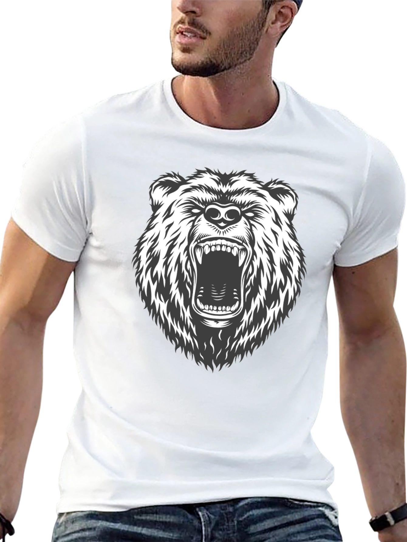 Mens Black T-Shirt with Roaring Bear Graphic