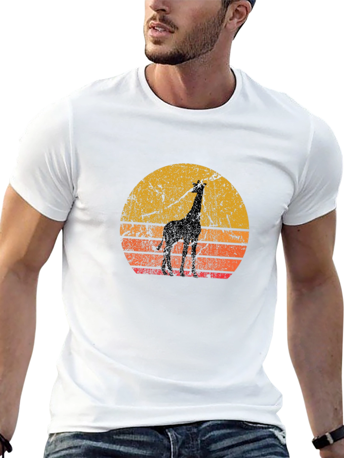Retro Giraffe Sunset Black T-Shirt