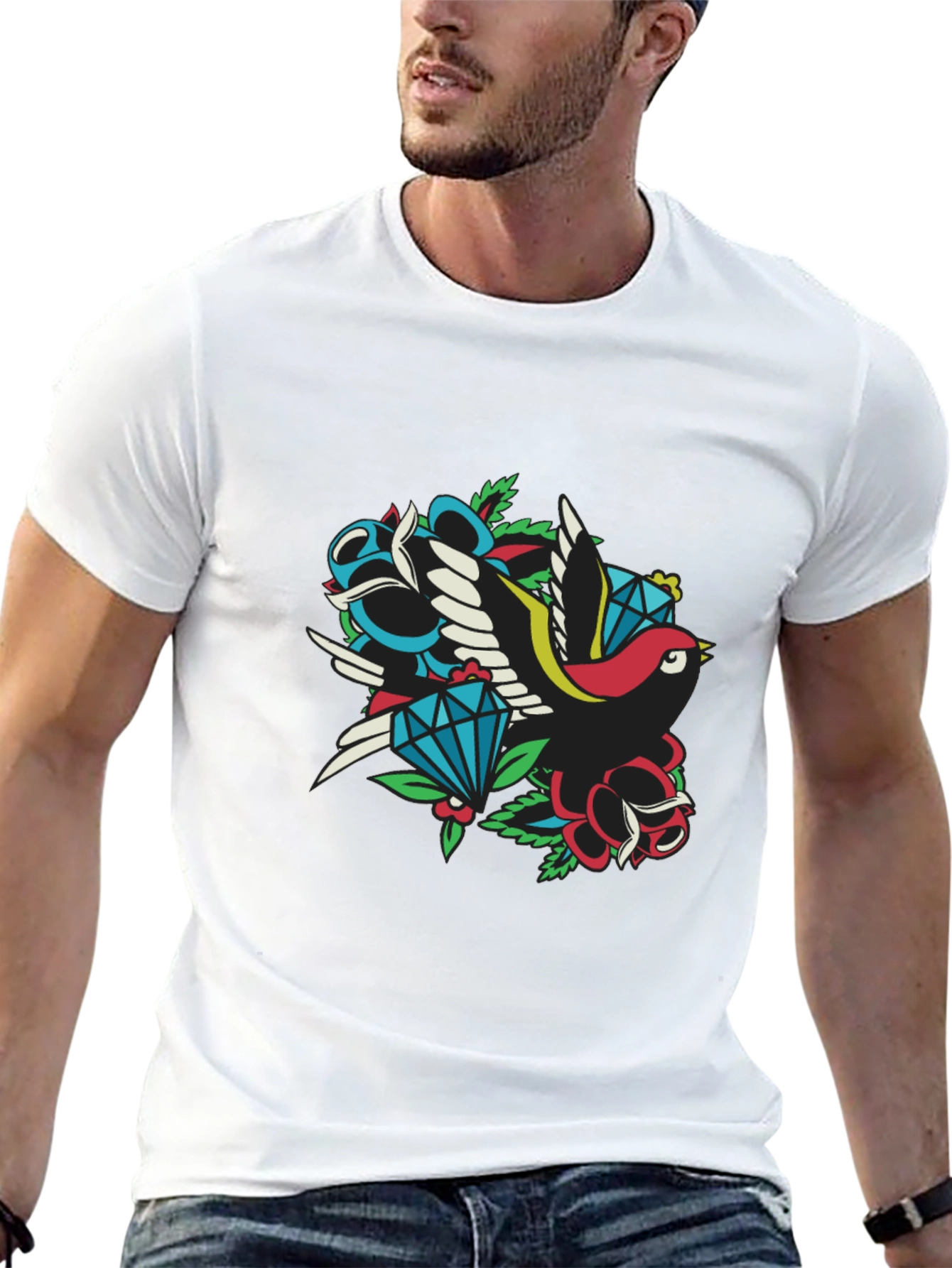 Retro Tattoo Style Bird & Gem Graphic Tee