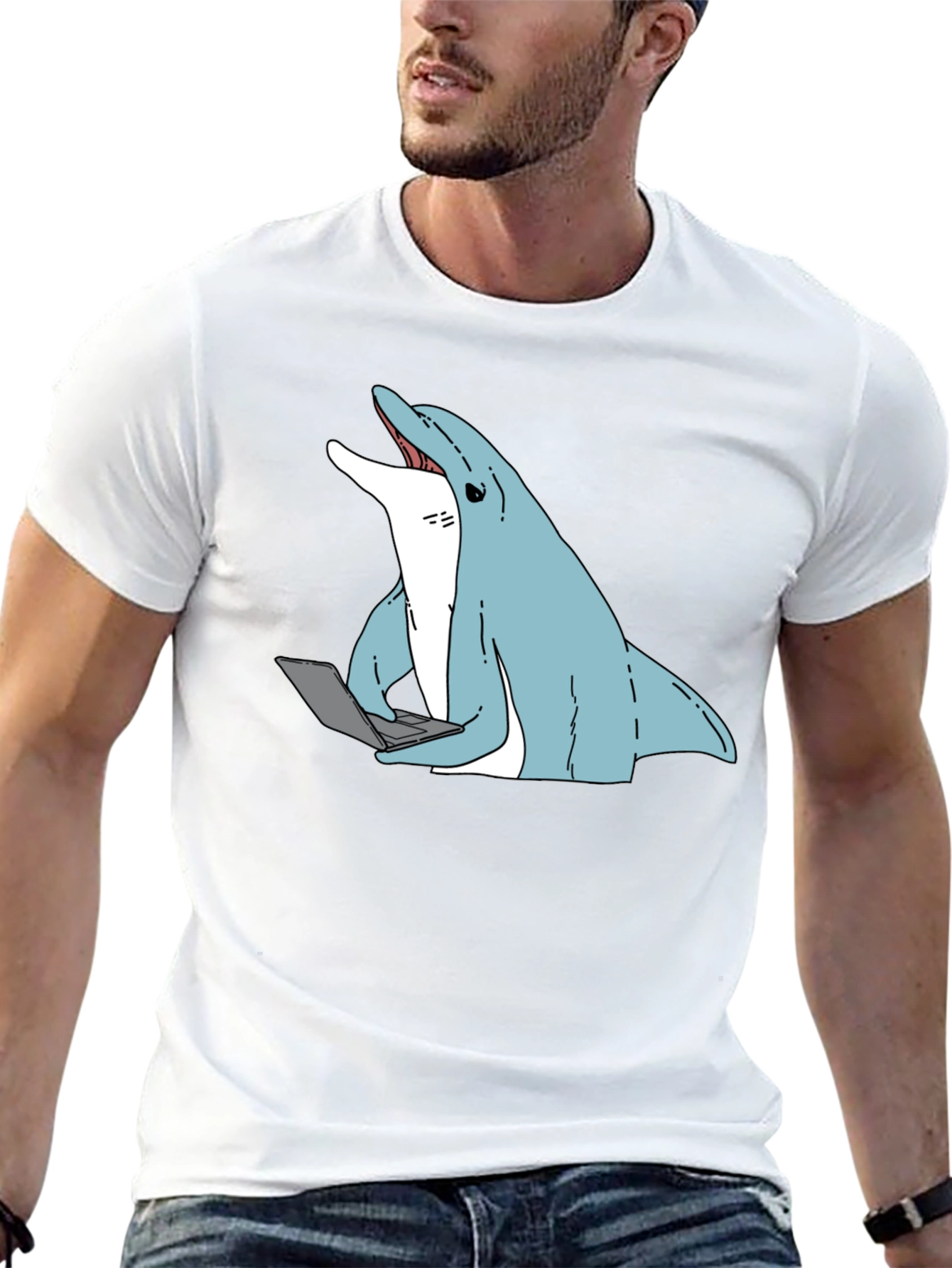 Dolphin Laptop Tee - Casual Cotton Blend T-Shirt