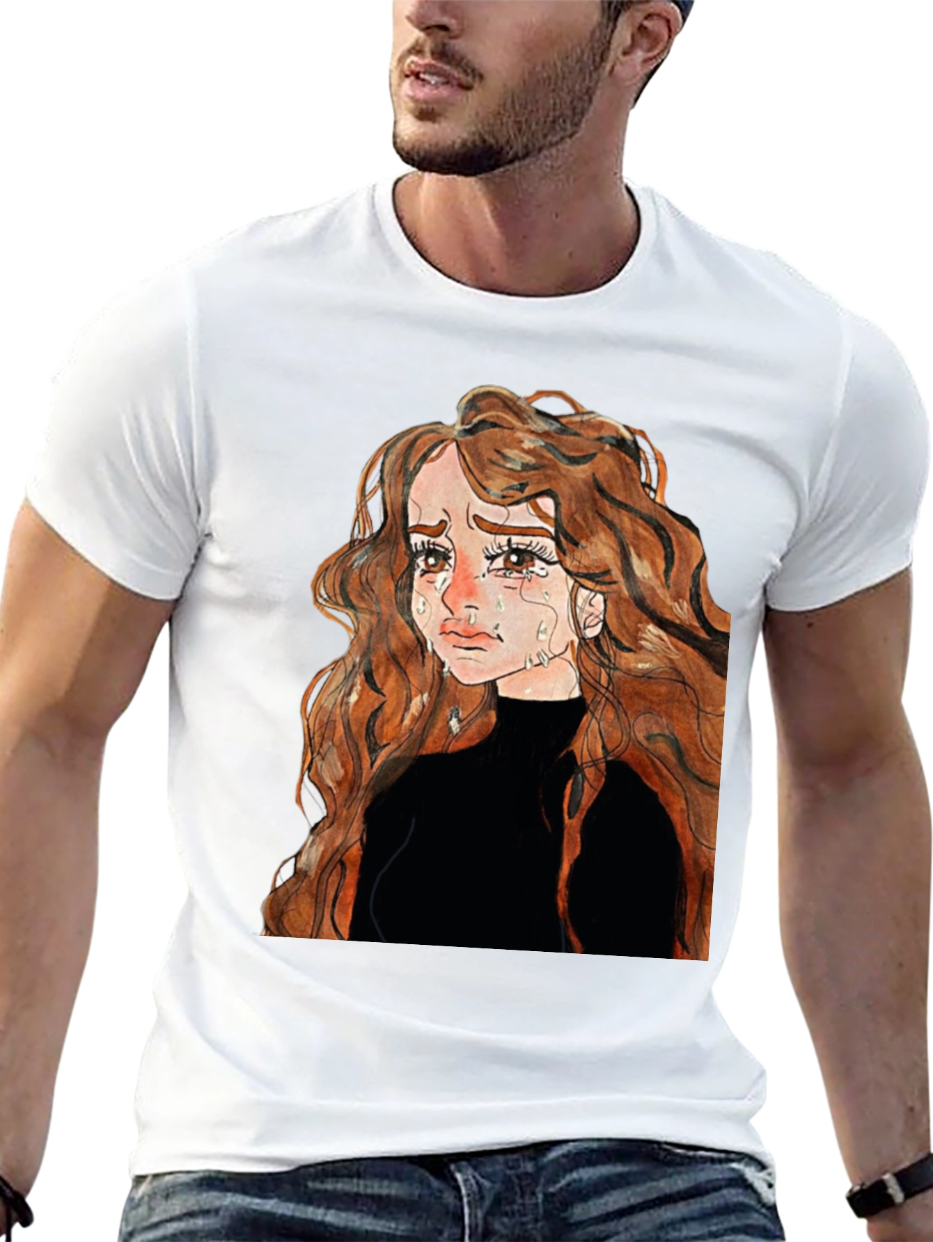 Sad Anime Girl Black T-Shirt