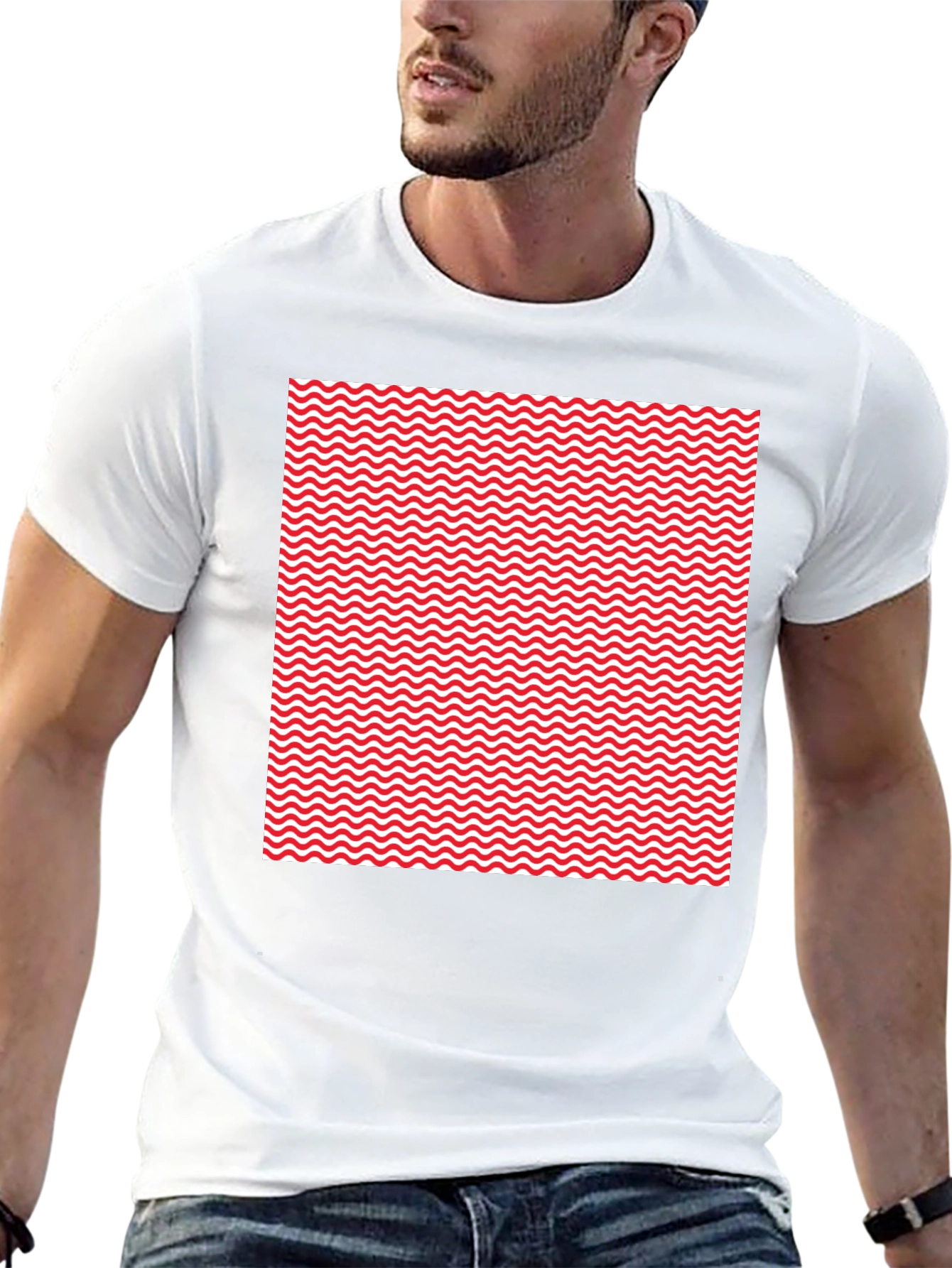 Red Wave Patterned Black T-Shirt