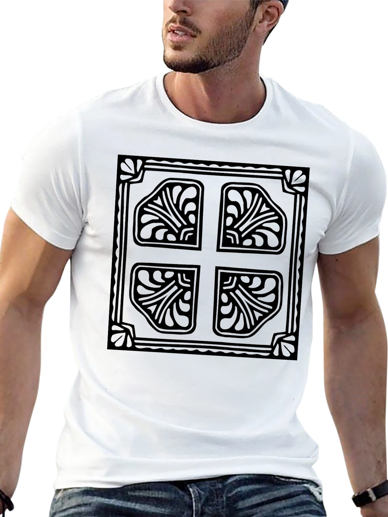 Elegant Black T-Shirt with Ornate Cross Design