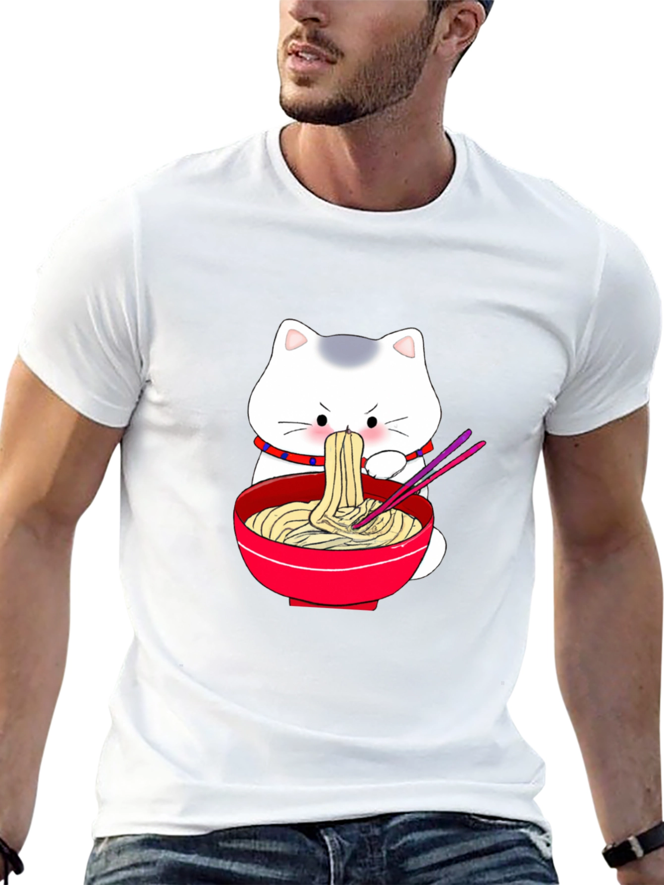 Cute Cat Ramen T-Shirt - Black Cartoon Graphic Tee