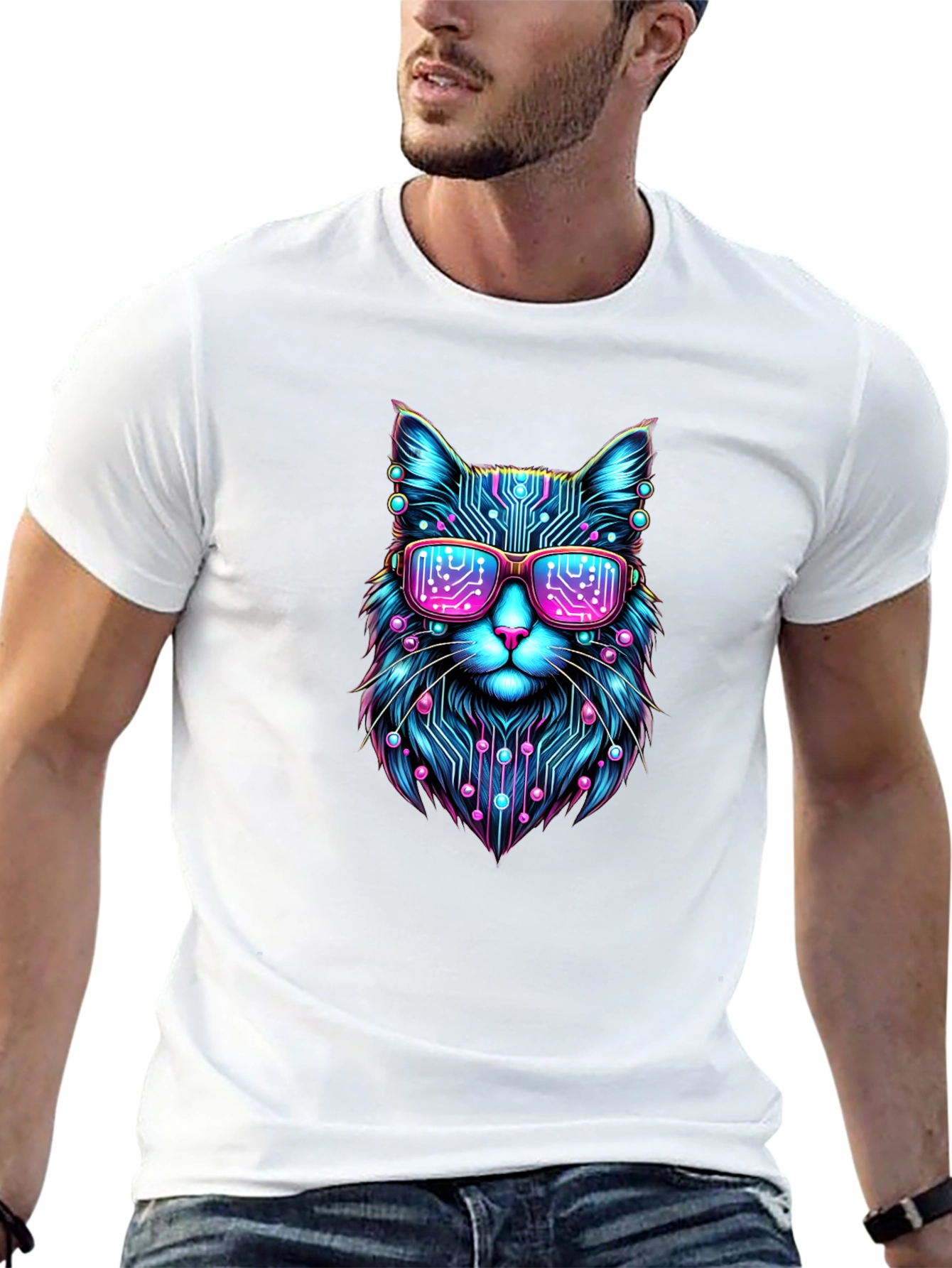 Cyberpunk Cat T-Shirt Futuristic Neon Kitty Tee
