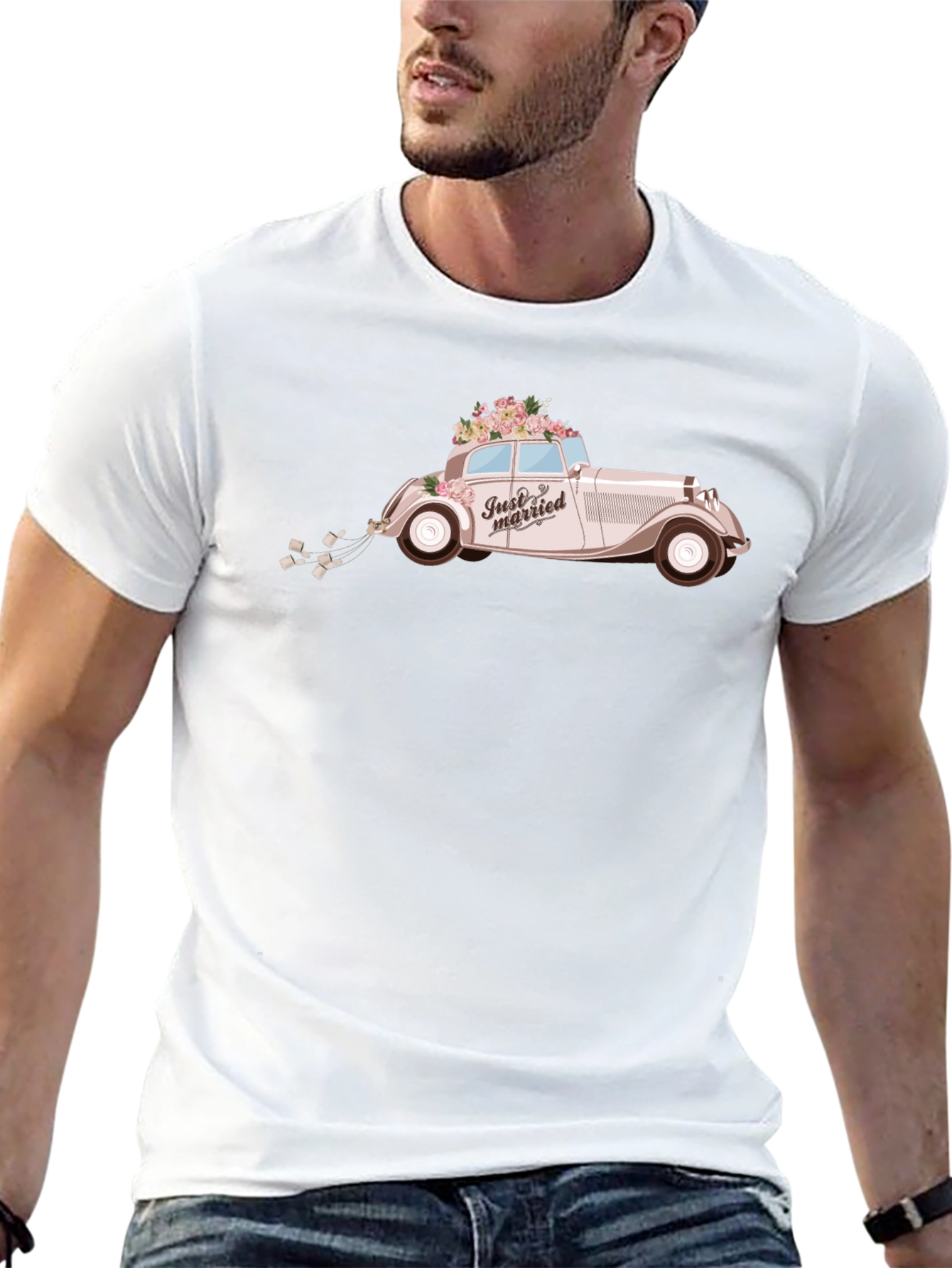 Just Married Car Graphic Tee - Classic Wedding Style