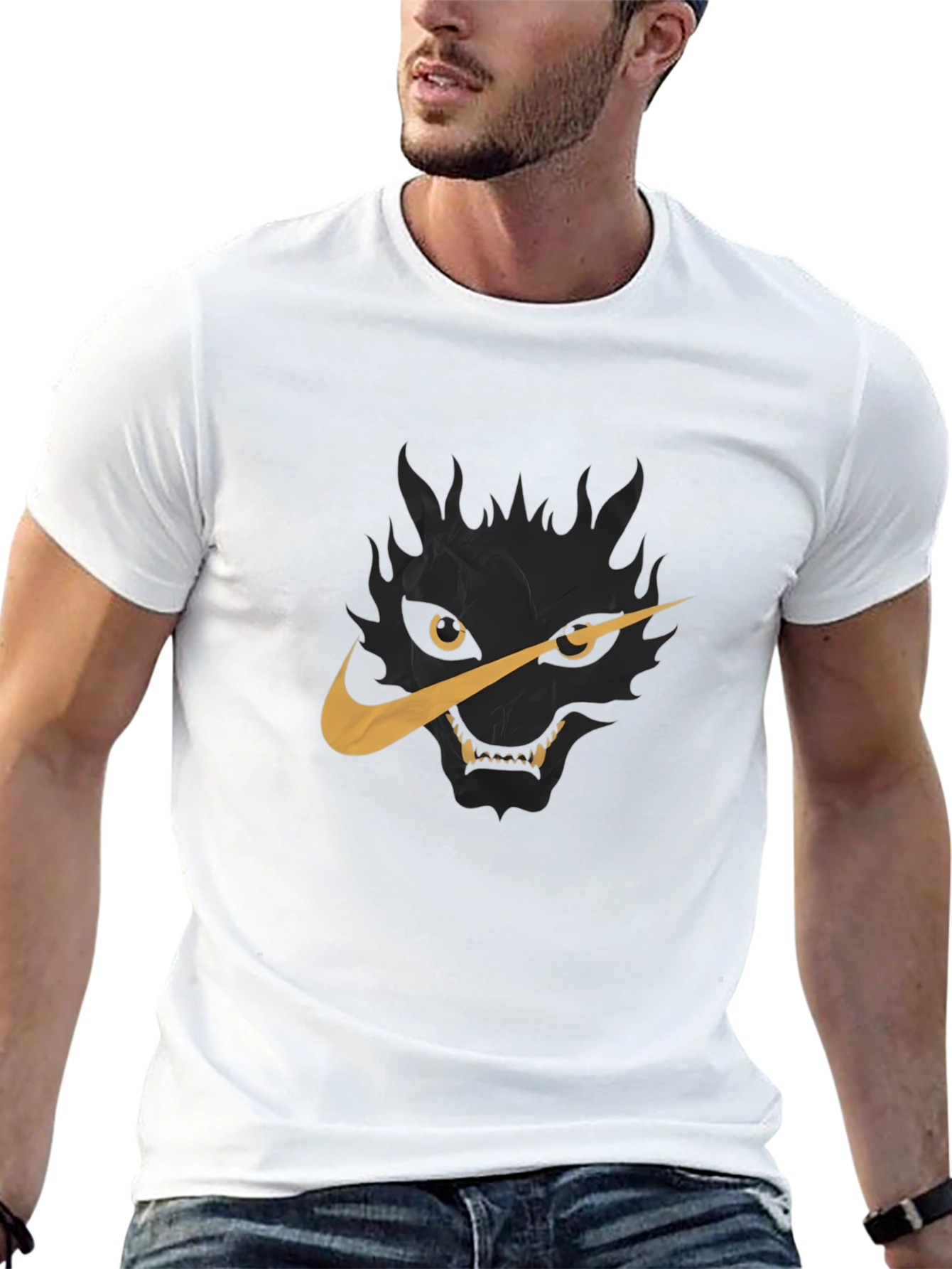 Mens Black T-Shirt with Wolf Nike Logo Graphic
