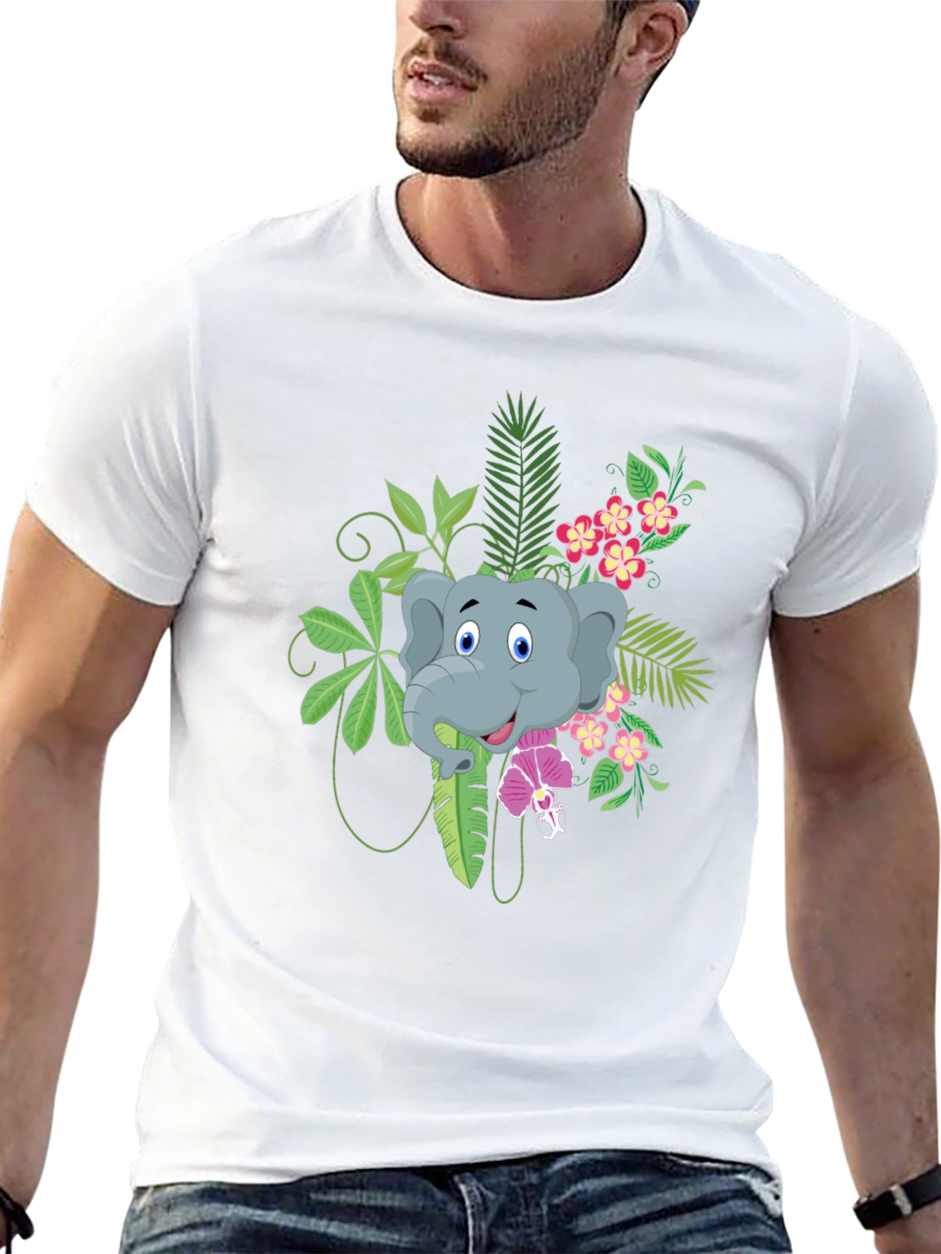 Elephant Graphic T-Shirt - Tropical Style - Black