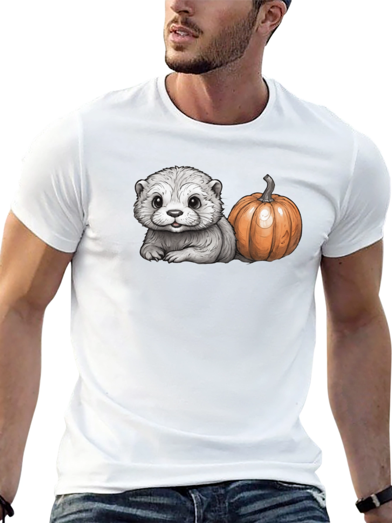 Cute Otter & Pumpkin Black T-Shirt