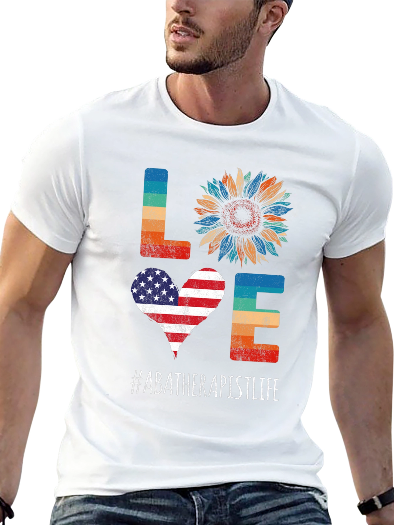ABA Therapist Life LOVE T-Shirt - Patriotic Sunflower Design