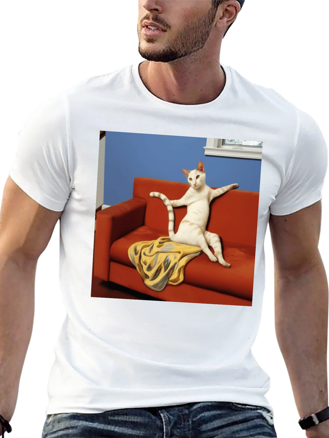 Funny Cat on Couch Black T-Shirt