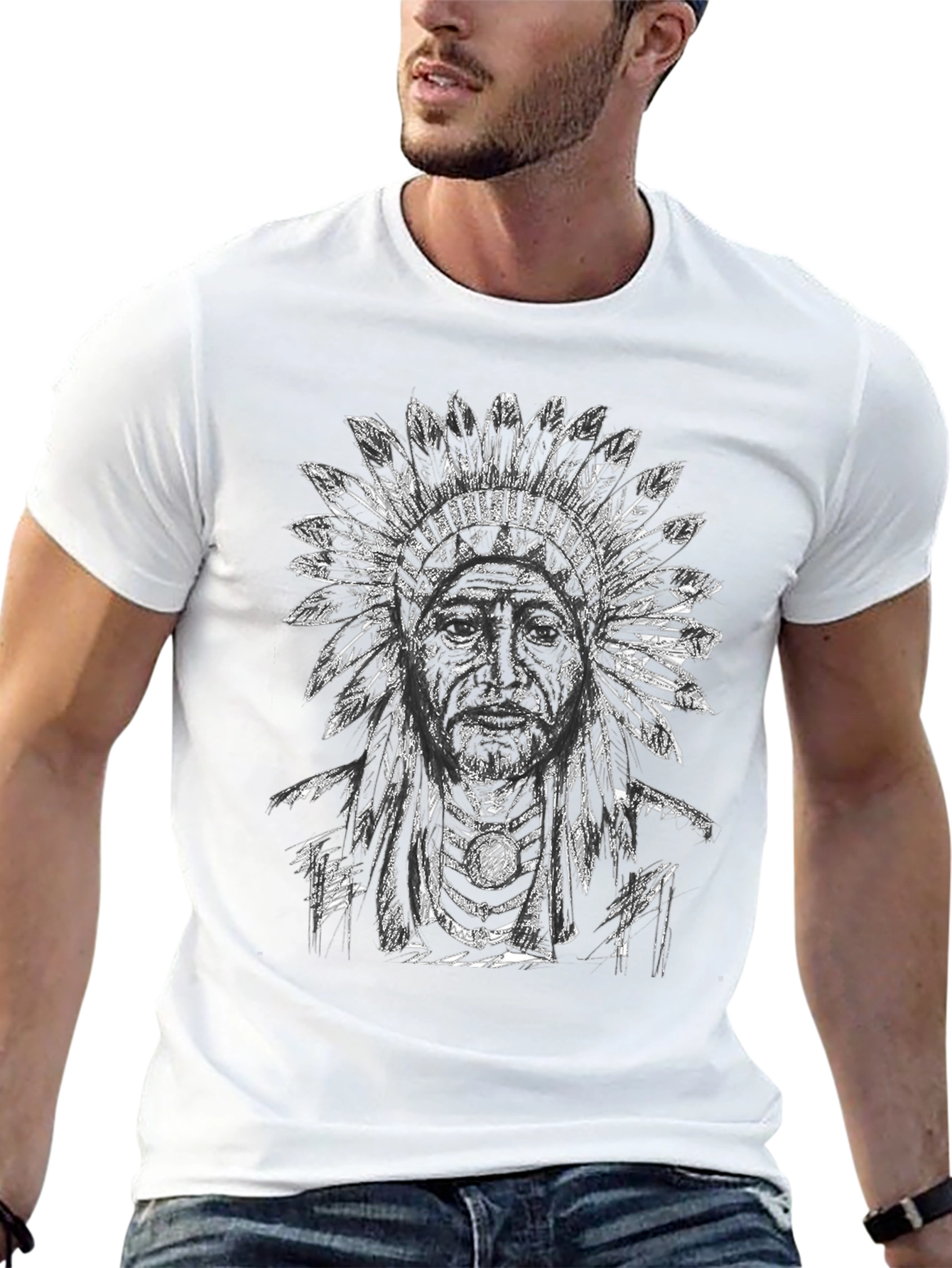 Native American Chief Graphic T-Shirt - Black Cotton Tee