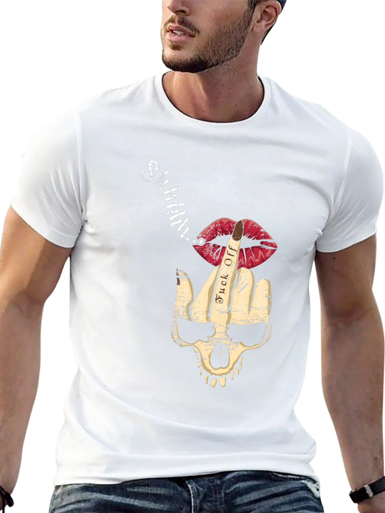Skull Middle Finger Lips Mens Black Graphic T-Shirt