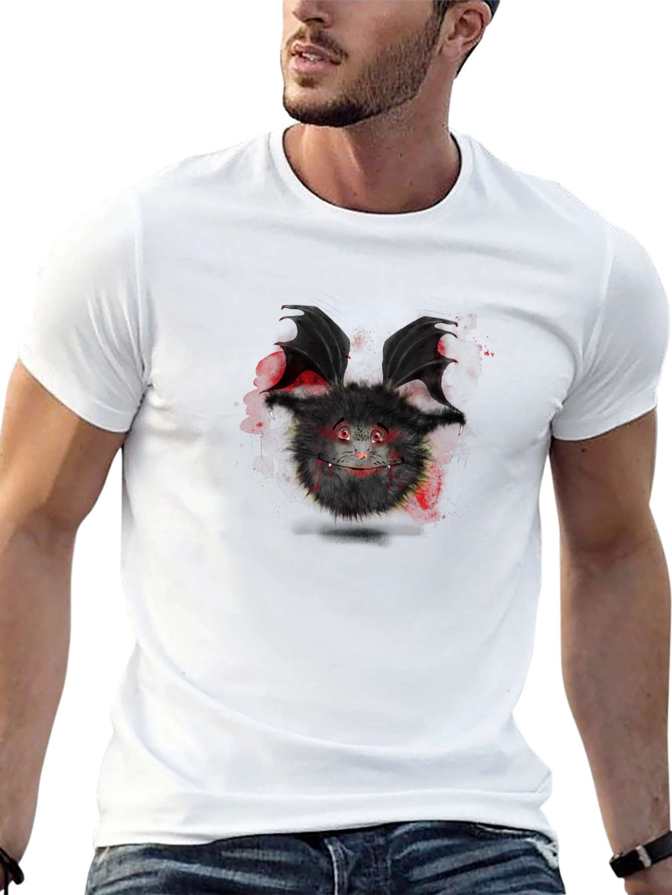 Cute Fluffy Monster Bat Graphic Tee - Black