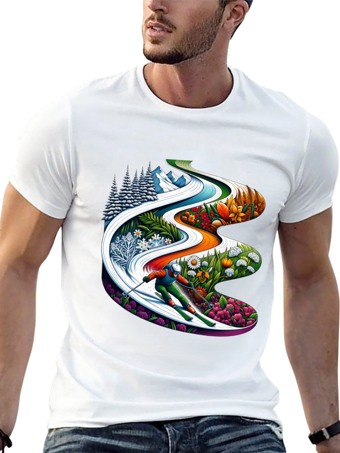 Seasons Skiing Graphic Tee - Black Cotton T-Shirt