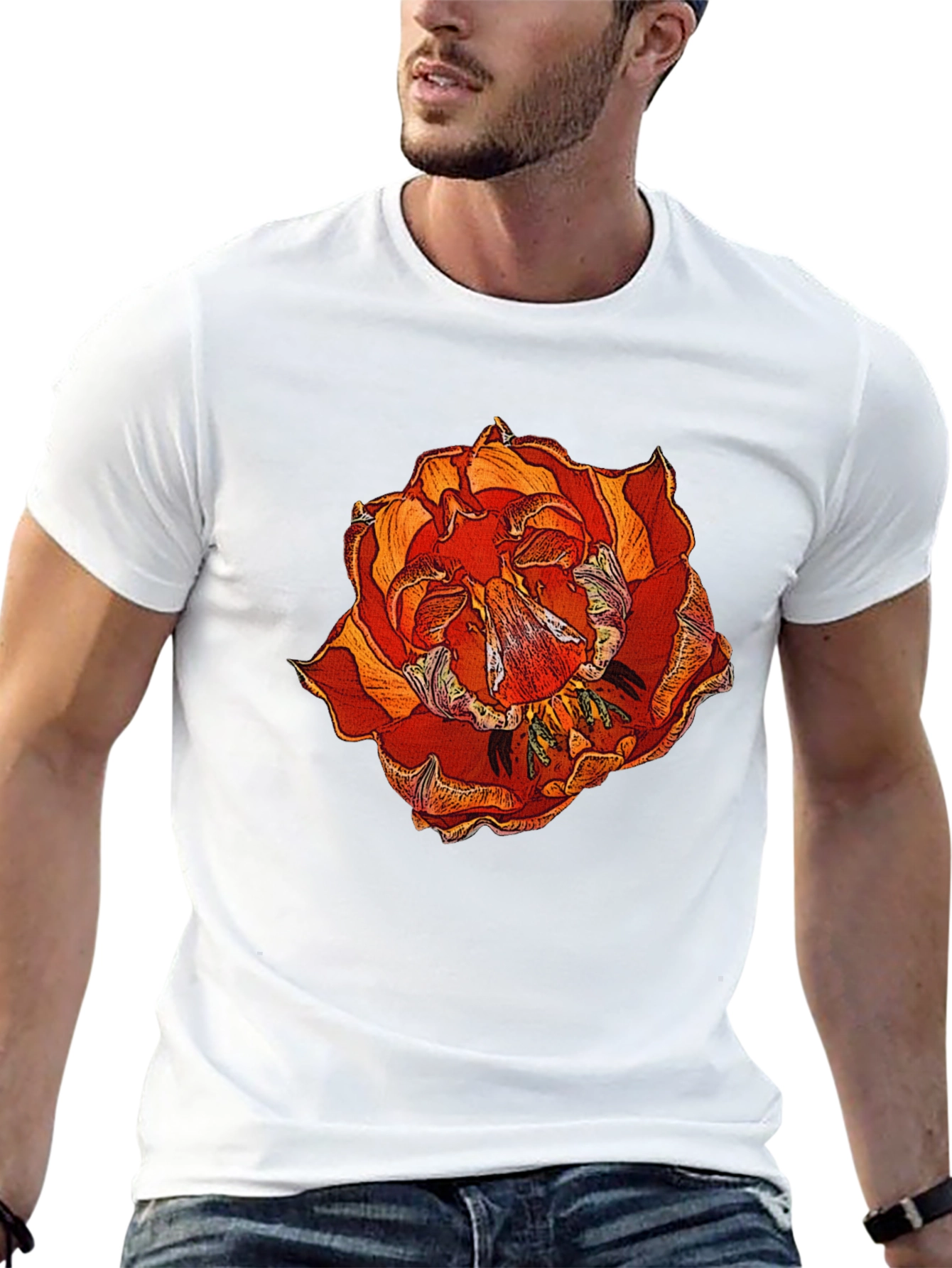 Floral Print Black Cotton T-Shirt