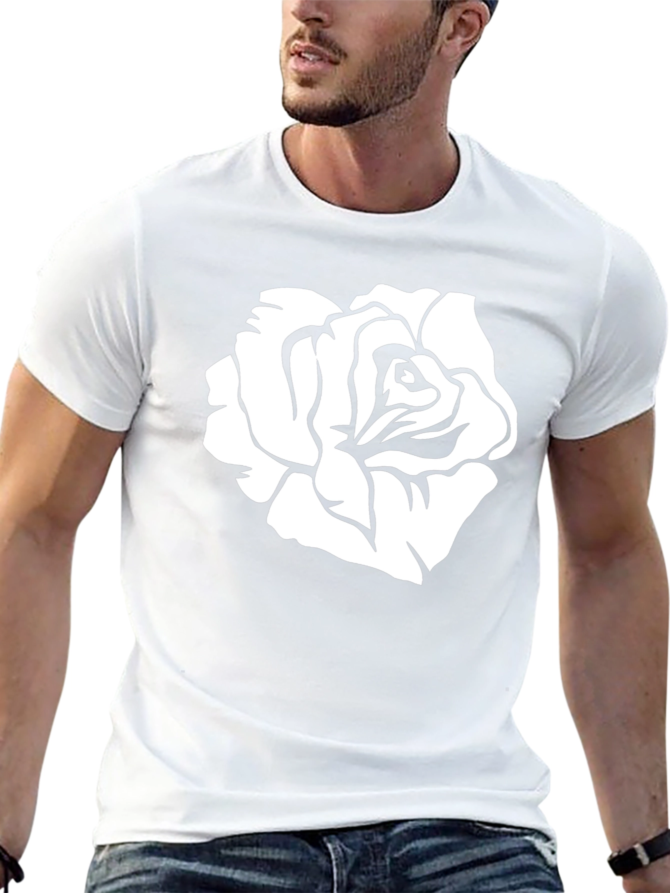 Black T-Shirt with White Rose Graphic