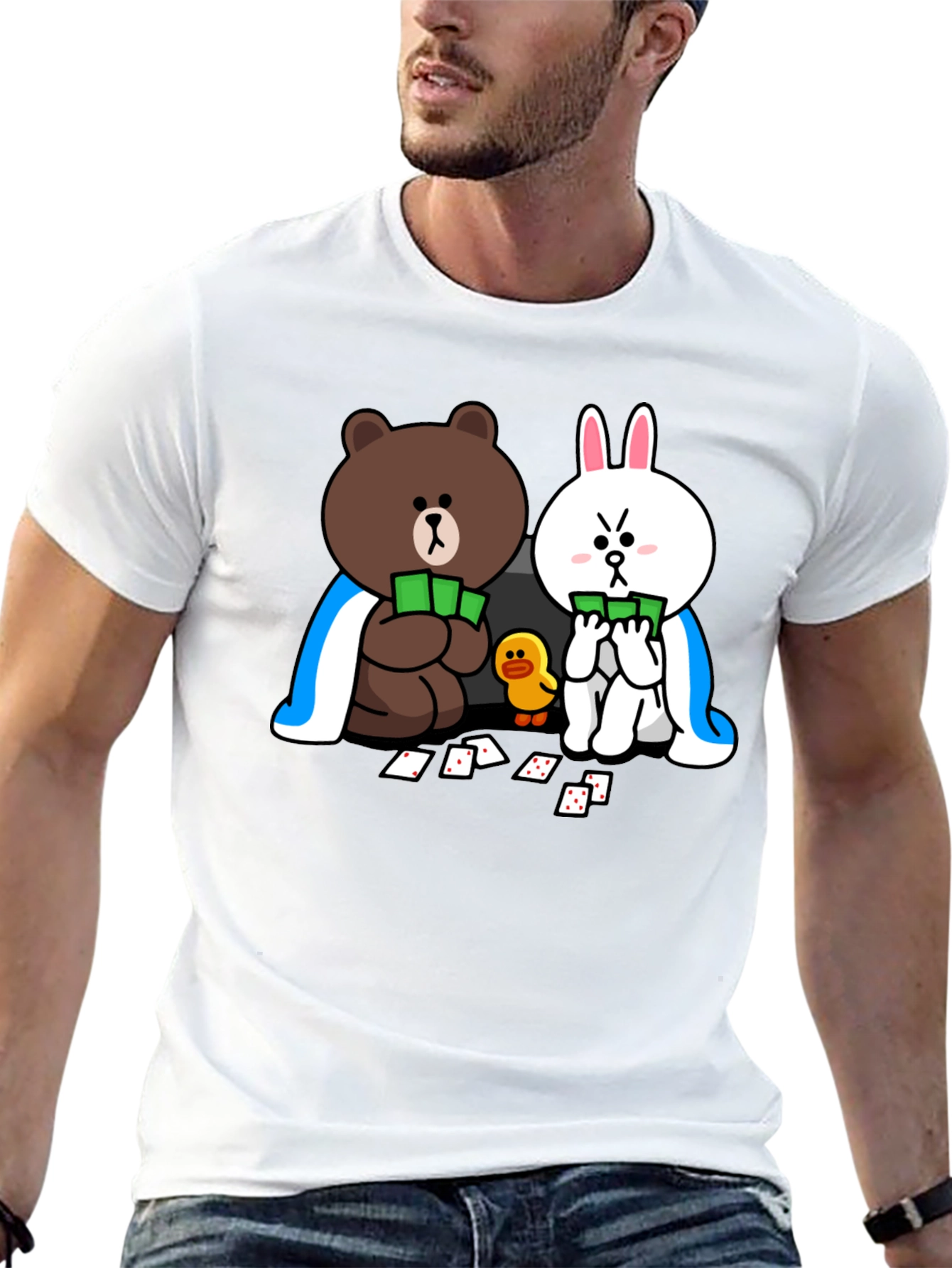 Cartoon Bear and Bunny Graphic Black T-Shirt
