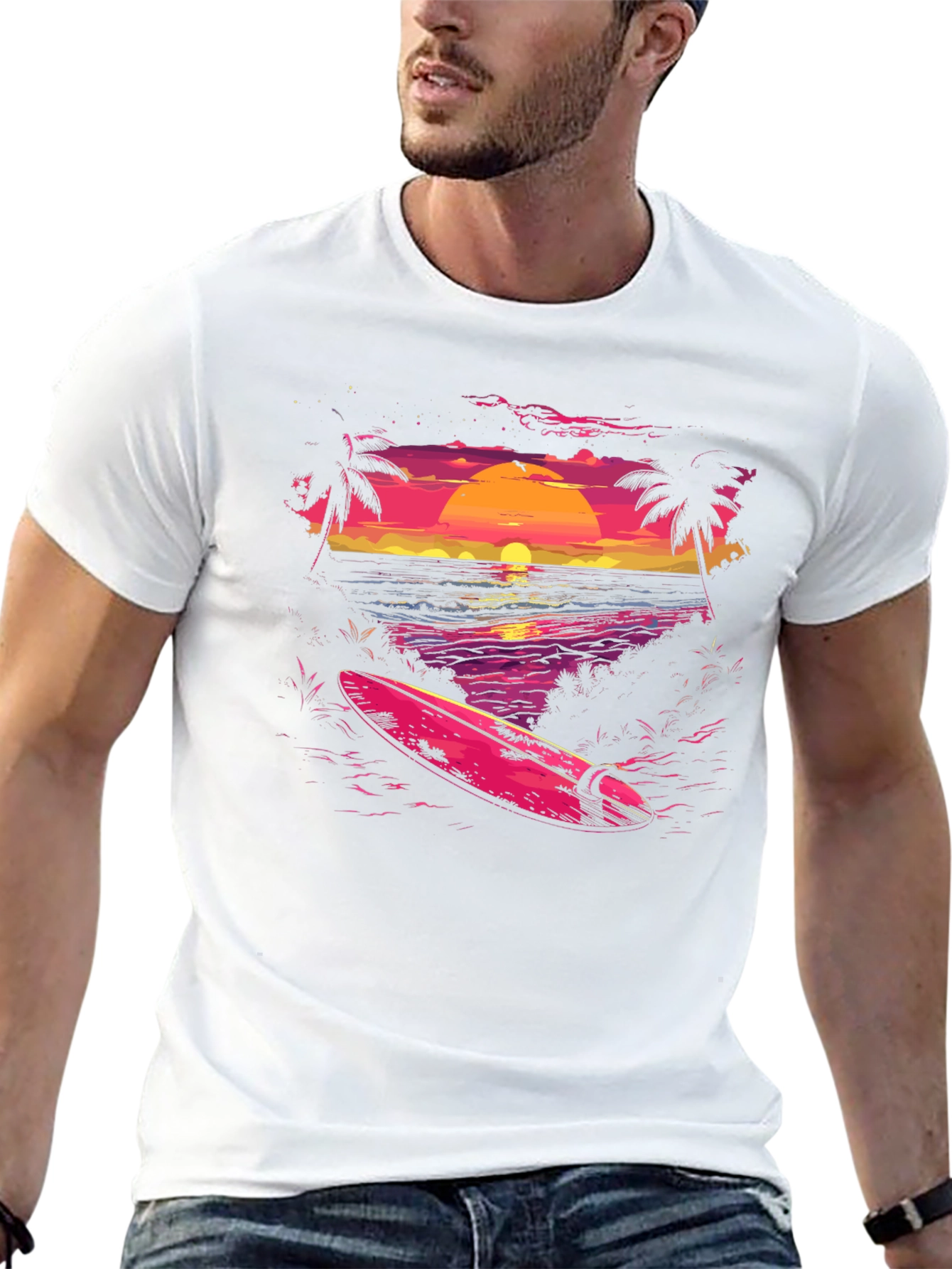 Sunset Beach Surf T-Shirt - Retro Wave Design