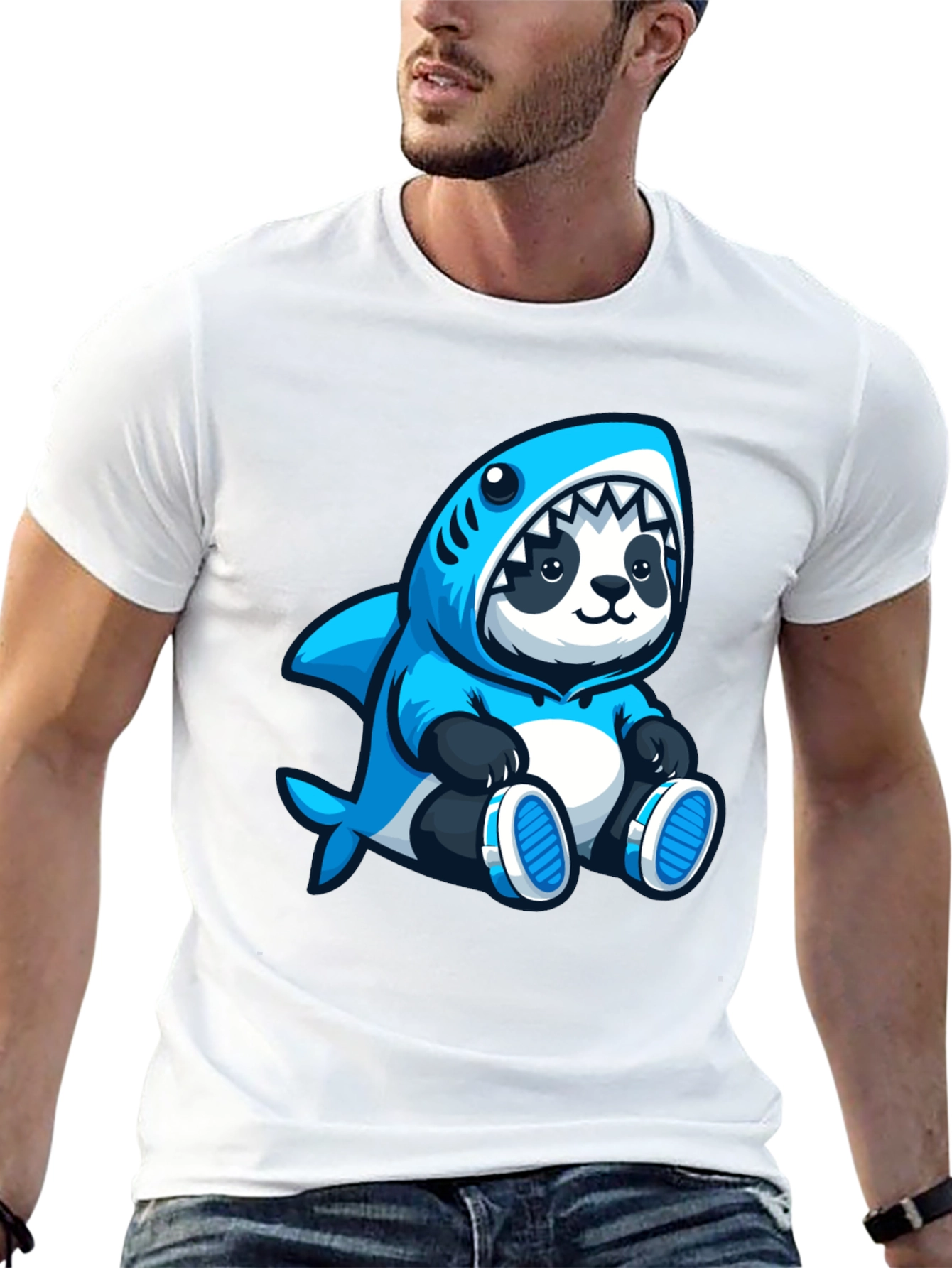 Panda Shark Hoodie Graphic Tee - Black