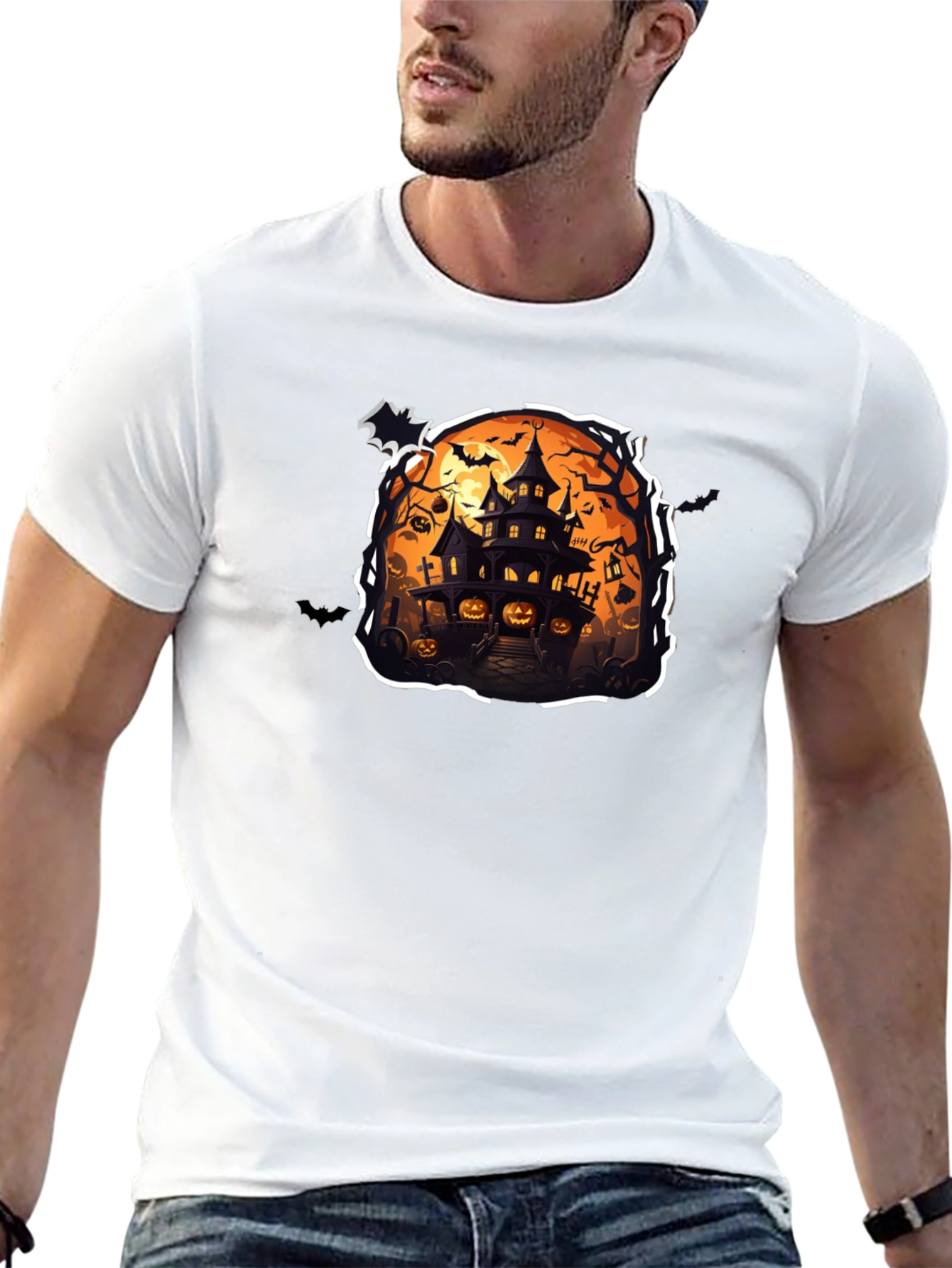 Spooky Halloween House Graphic Tee - Black