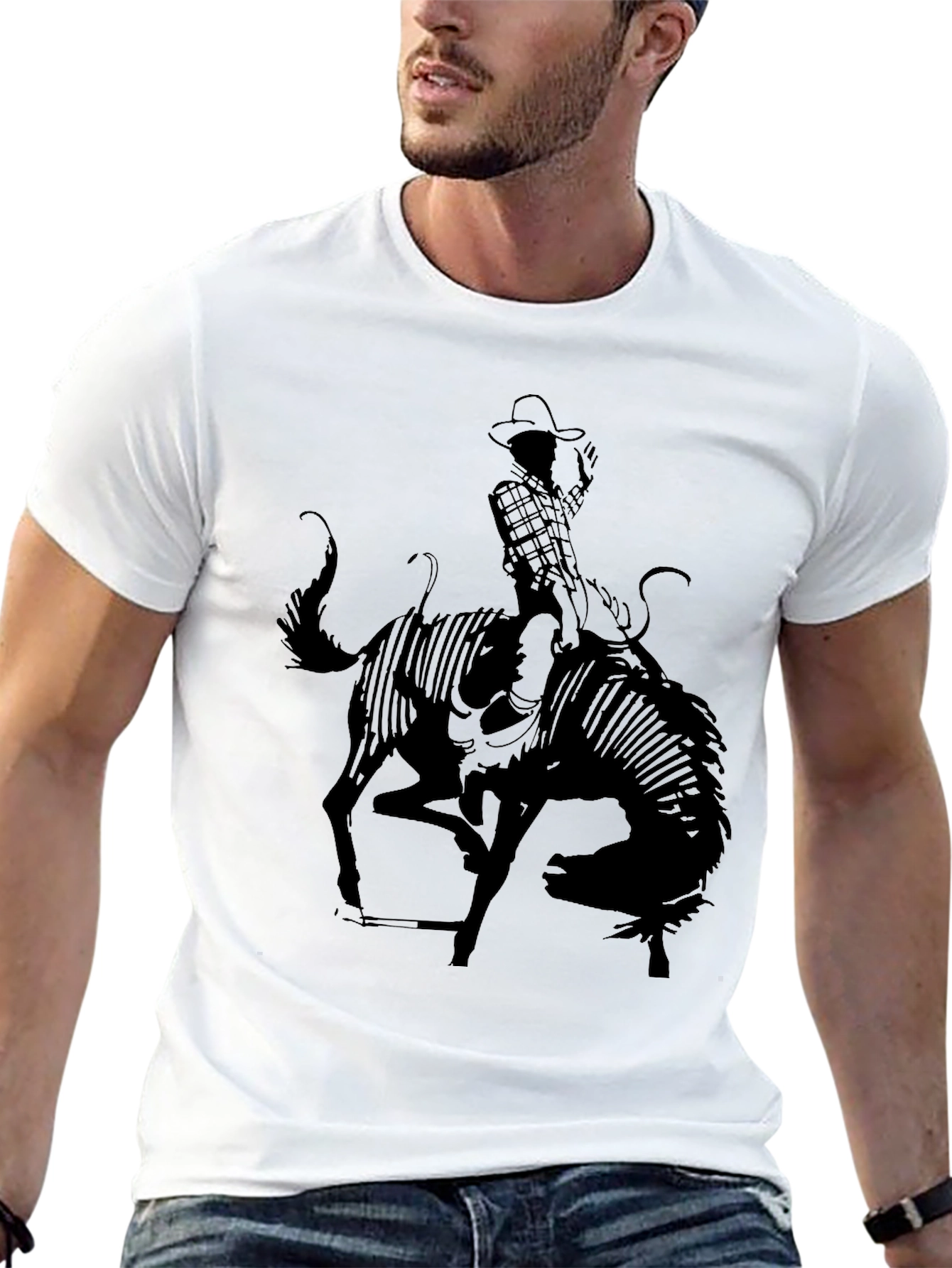 Cowboy Riding Bull Black T-Shirt Rodeo Style