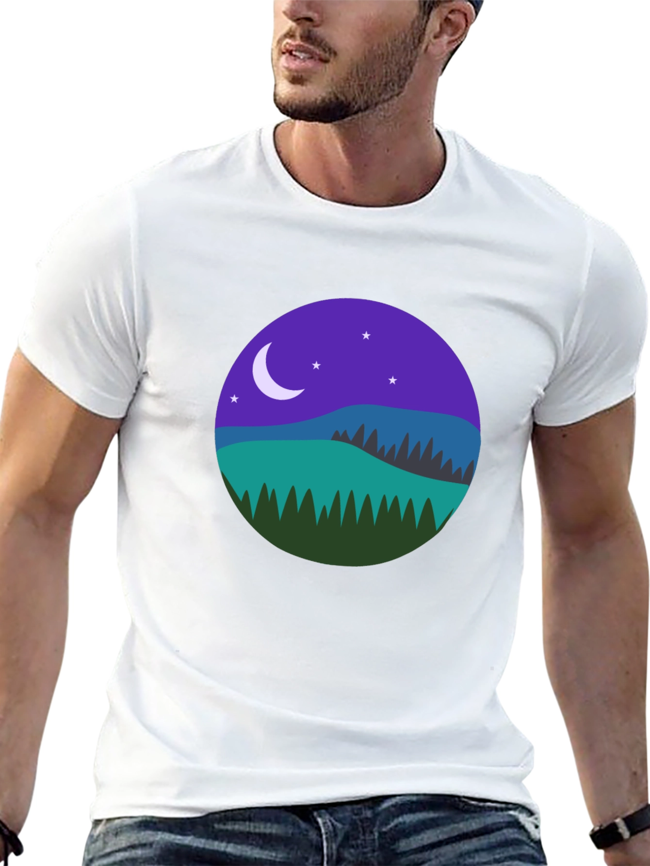 Night Landscape Graphic Tee - Casual Black T-Shirt