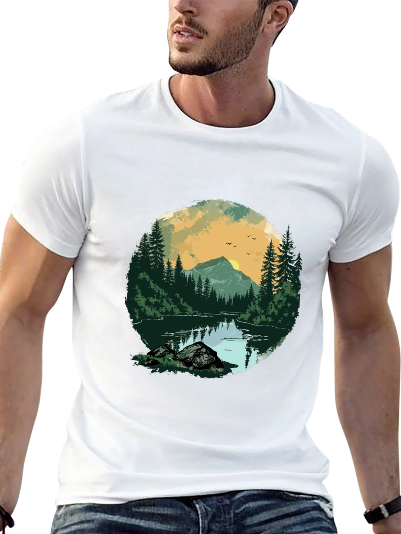 Nature Landscape Graphic Tee - Black Cotton Shirt
