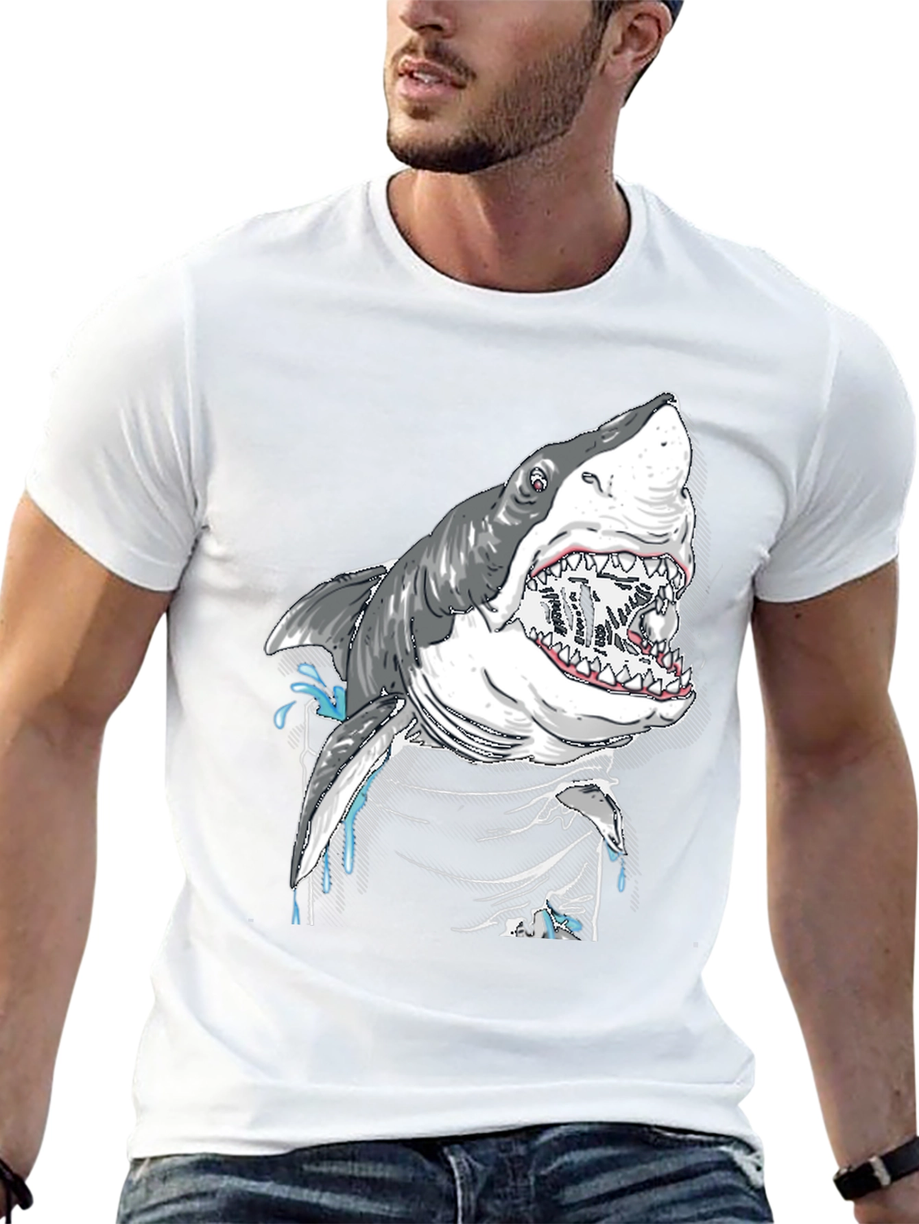 Shark Attack Graphic Print Black T-Shirt
