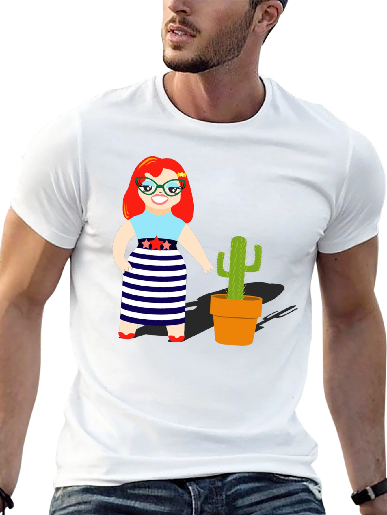 Cartoon Girl & Cactus Graphic T-Shirt
