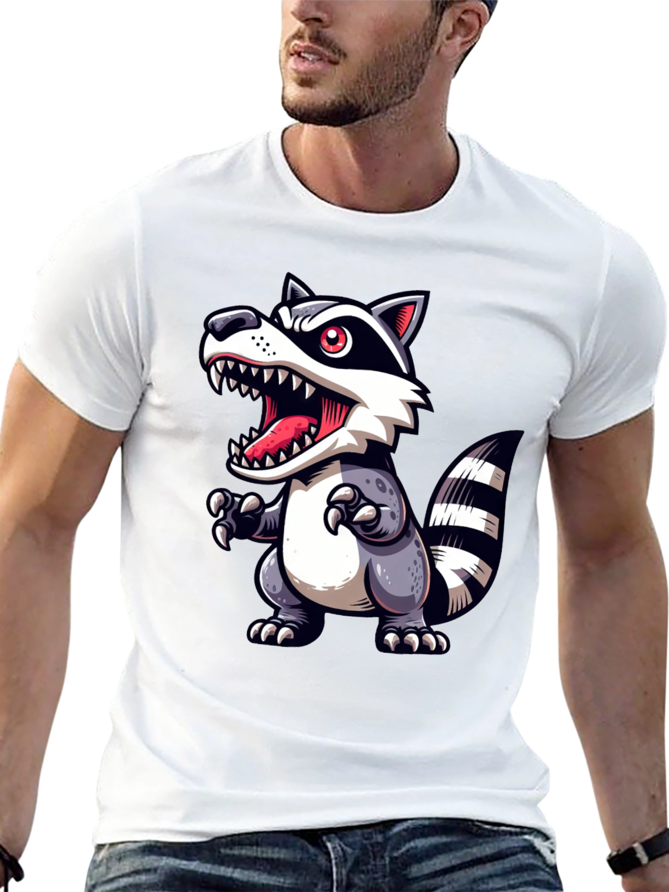 Cartoon Raccoon Graphic Tee - Black