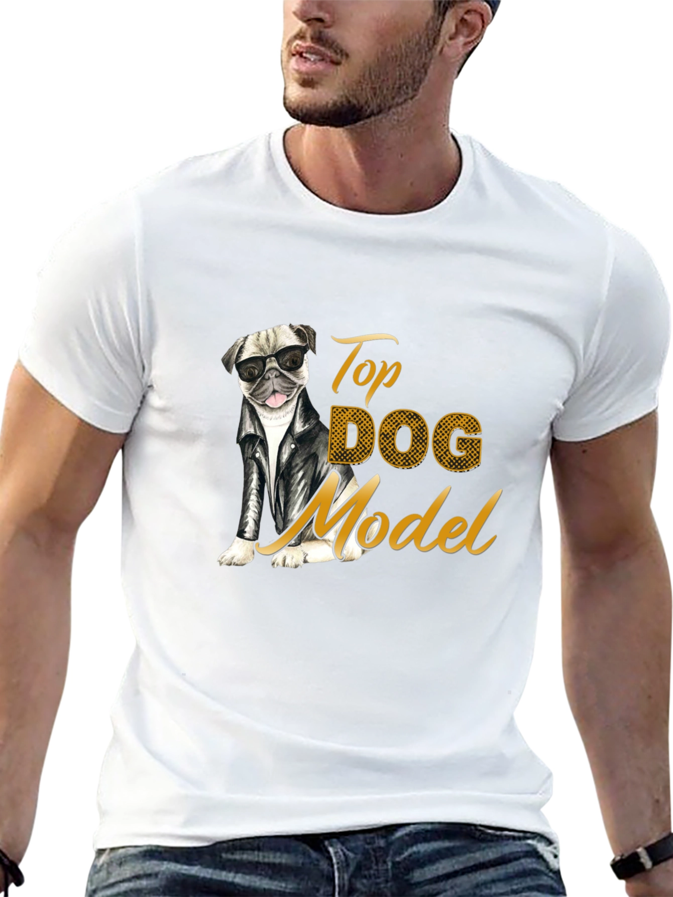 Top Dog Model T-Shirt - Stylish Pug in Leather