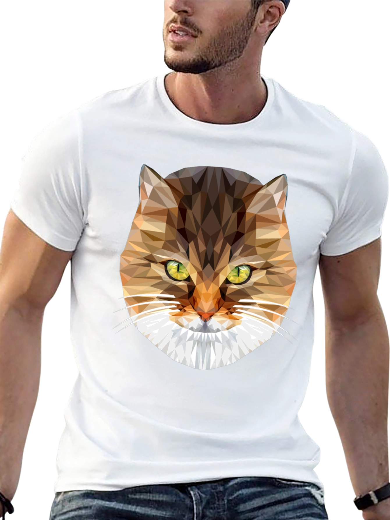 Geometric Cat Face Graphic Tee - Modern Style