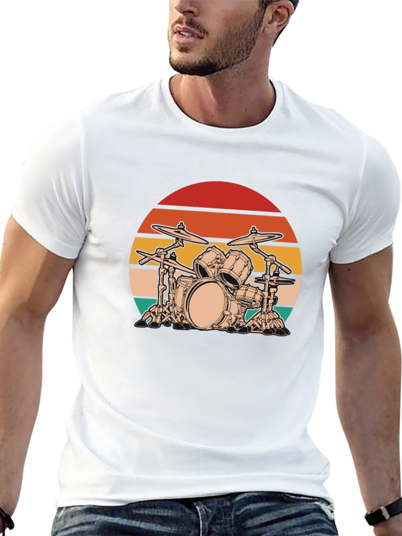Retro Drum Set Graphic Tee - Black Cotton Blend