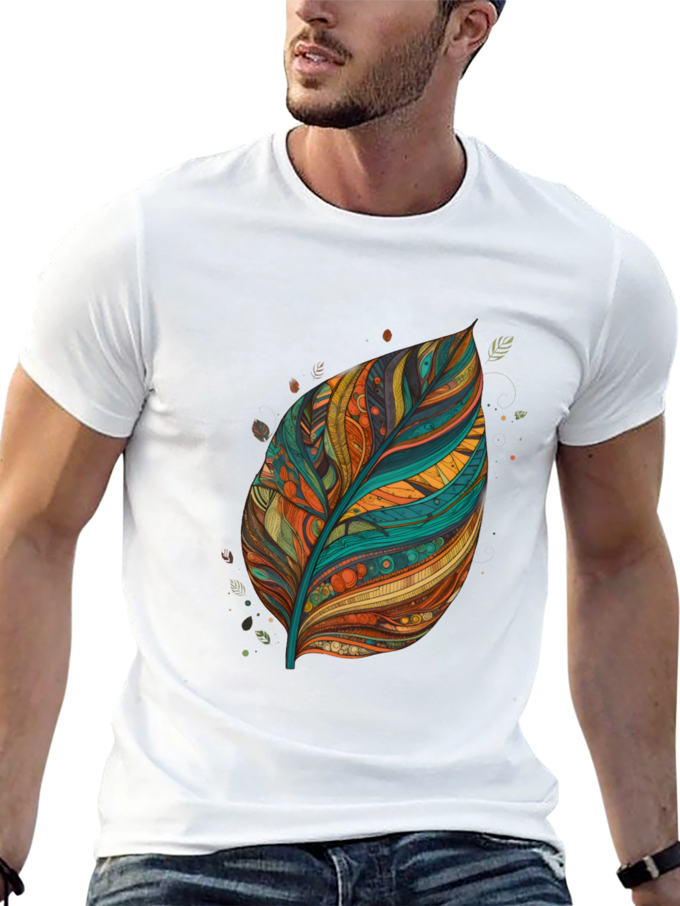 Artistic Feather Print Black T-Shirt