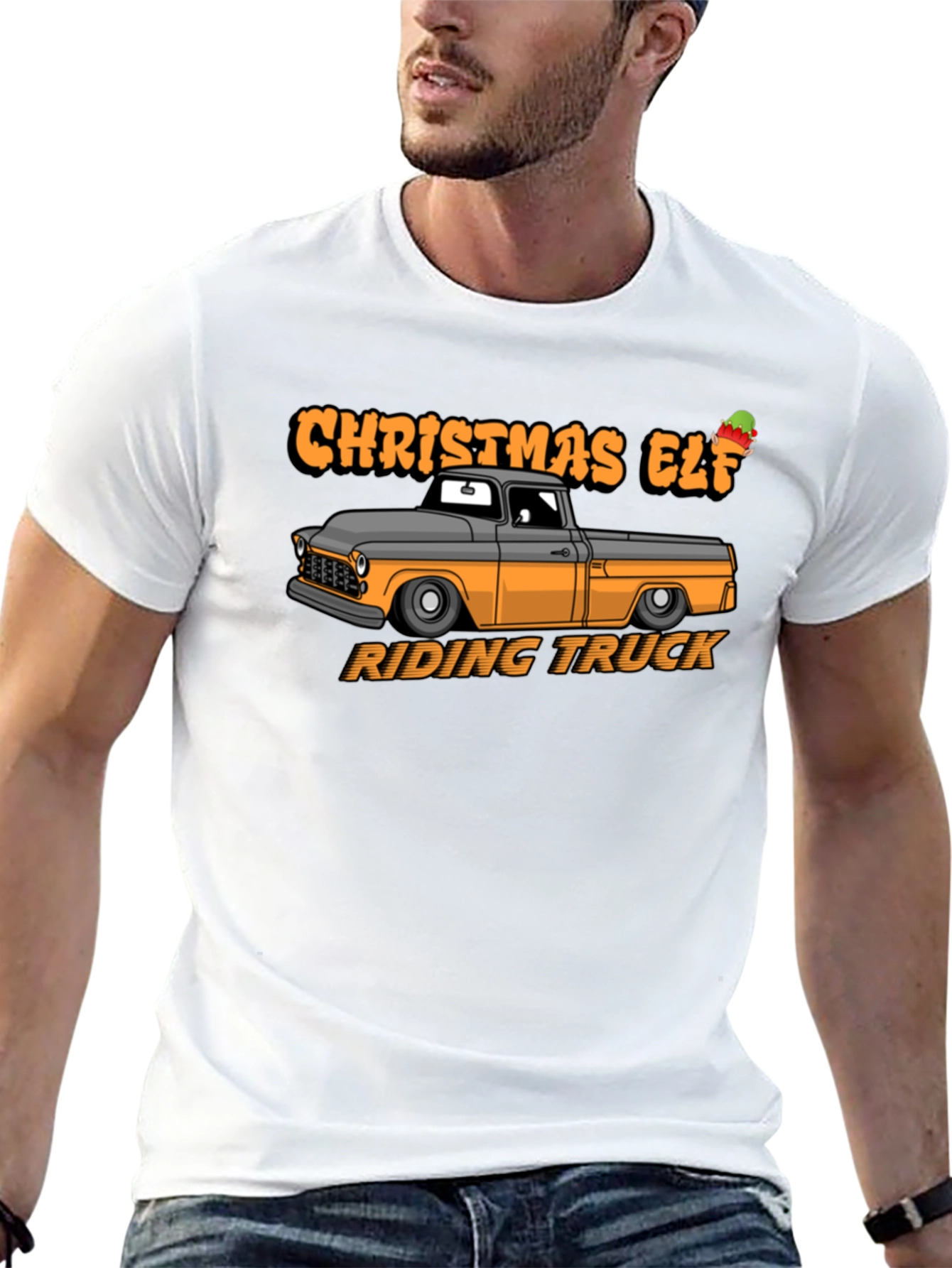 Christmas Elf Riding Truck Graphic T-Shirt