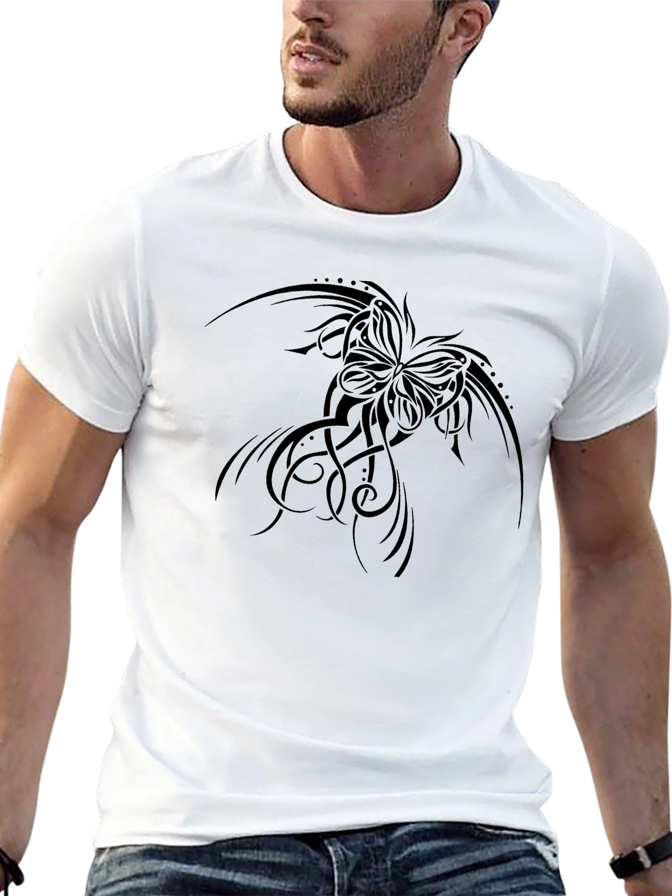 Black Graphic Tee: Butterfly Tribal Design Soft Cotton