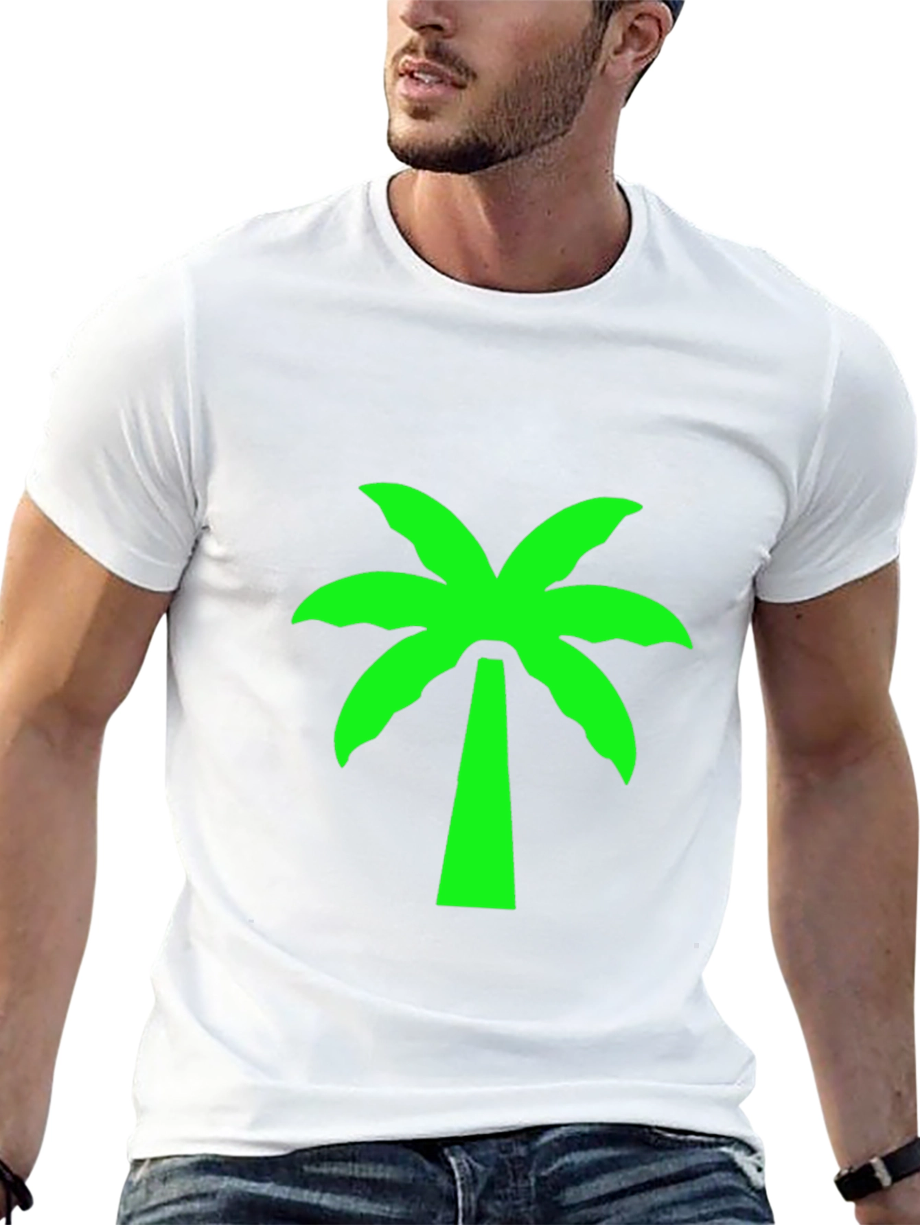 Black T-Shirt with Neon Green Palm Tree Graphic