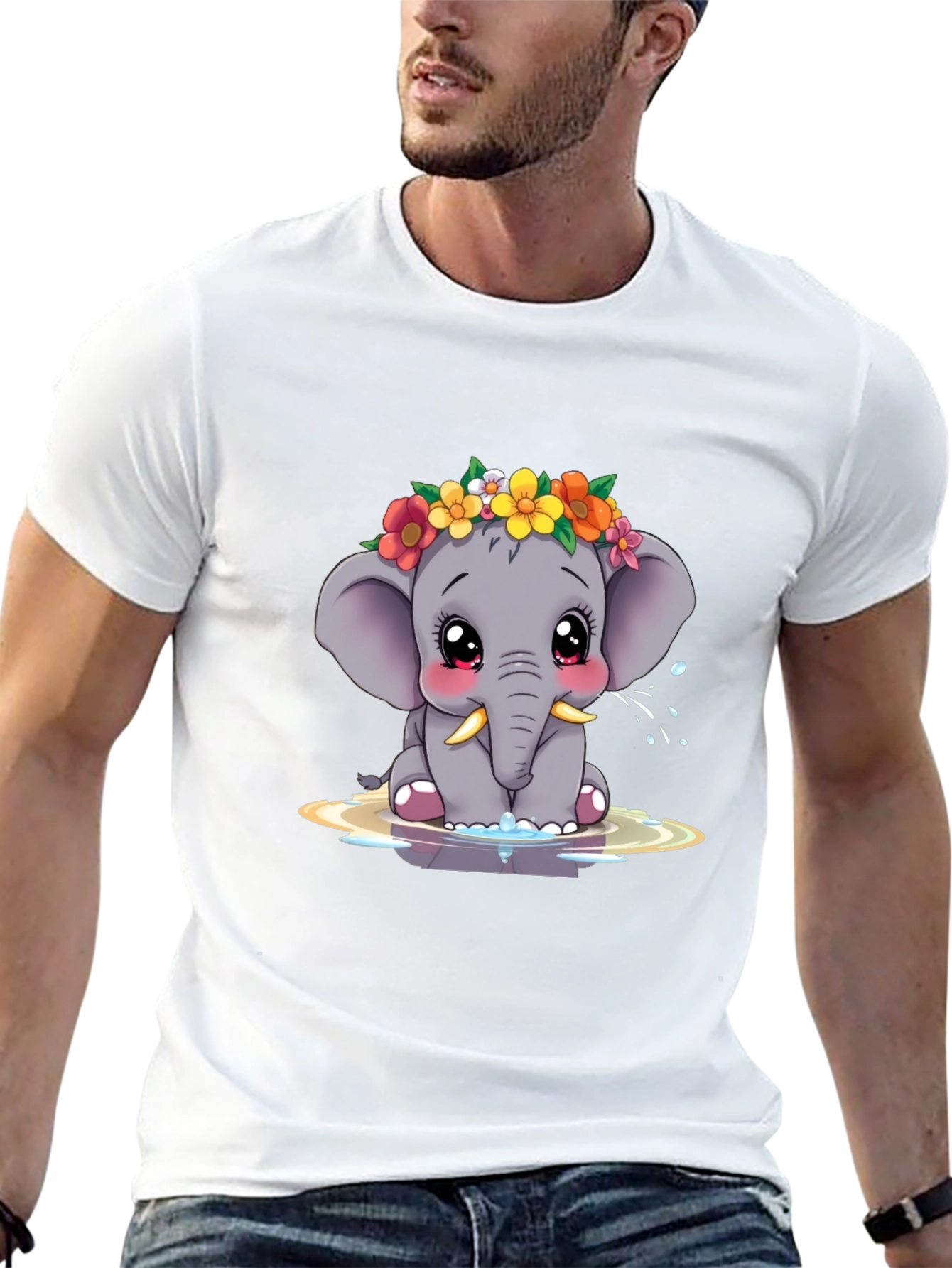 Cute Elephant Floral Crown Black Tee