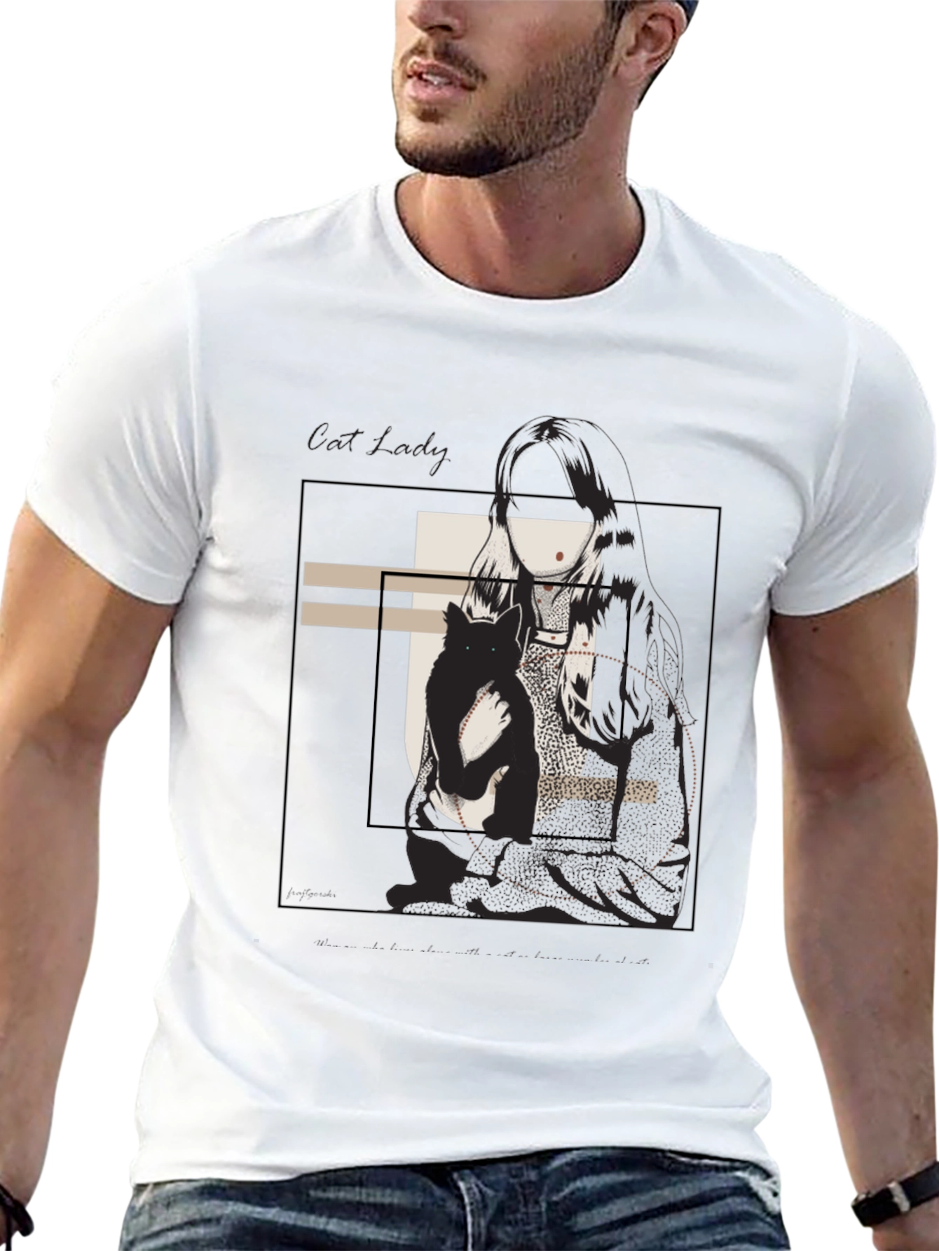 Graphic Tee: Woman & Cat Sketch Black T-Shirt