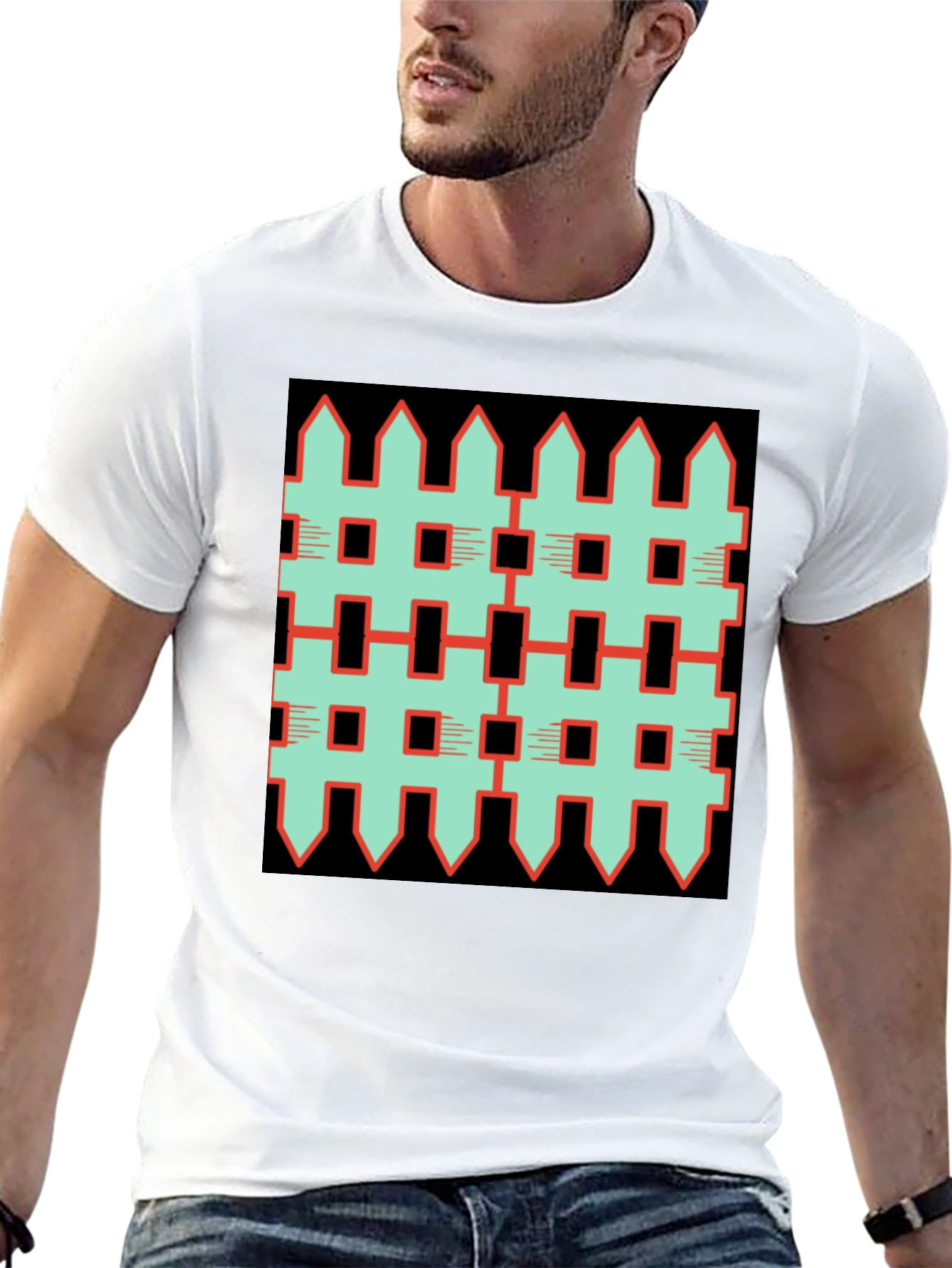 Unique Fence Pattern Graphic Tee - Black