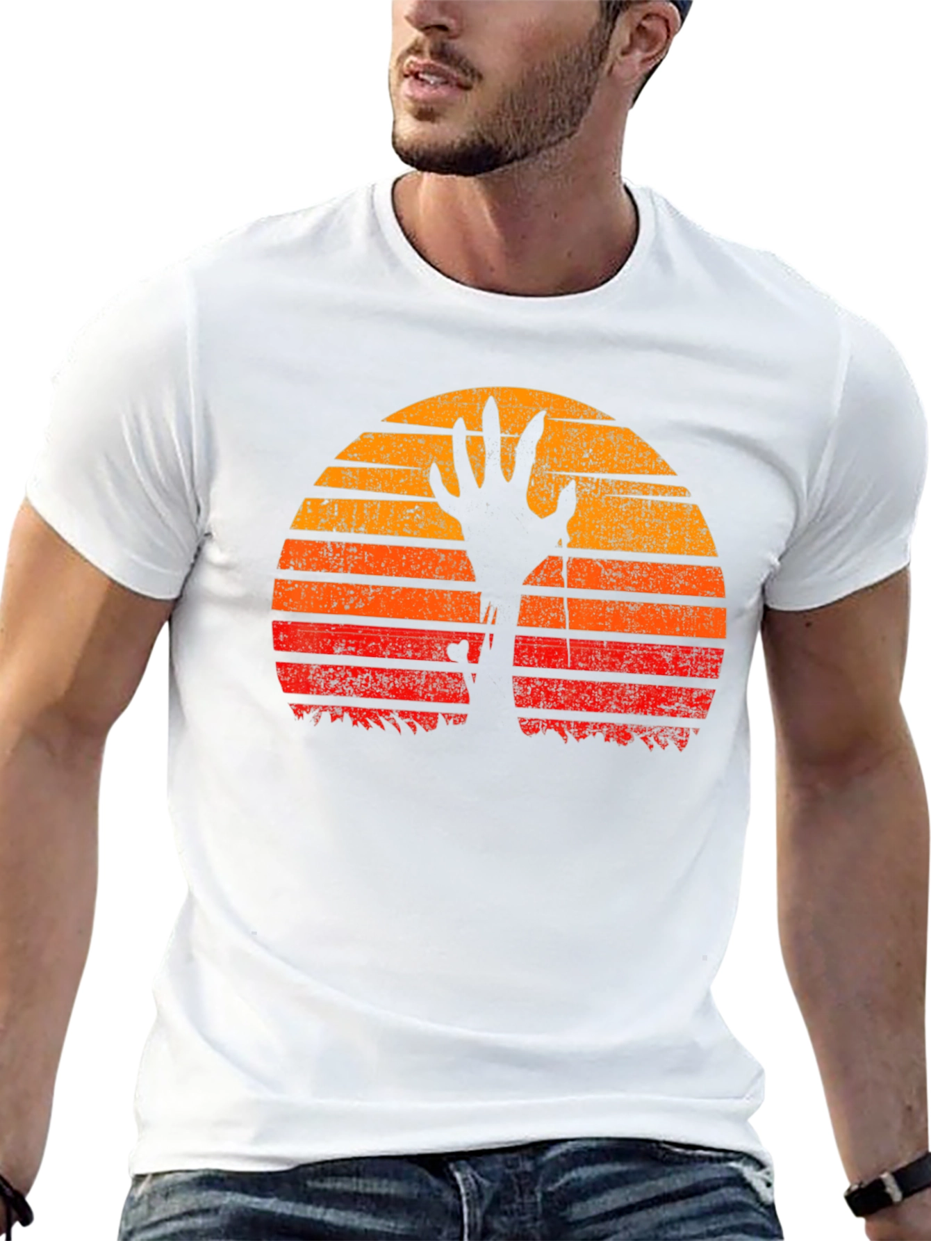 Zombie Hand Rising Sunset Graphic Tee - Halloween Shirt