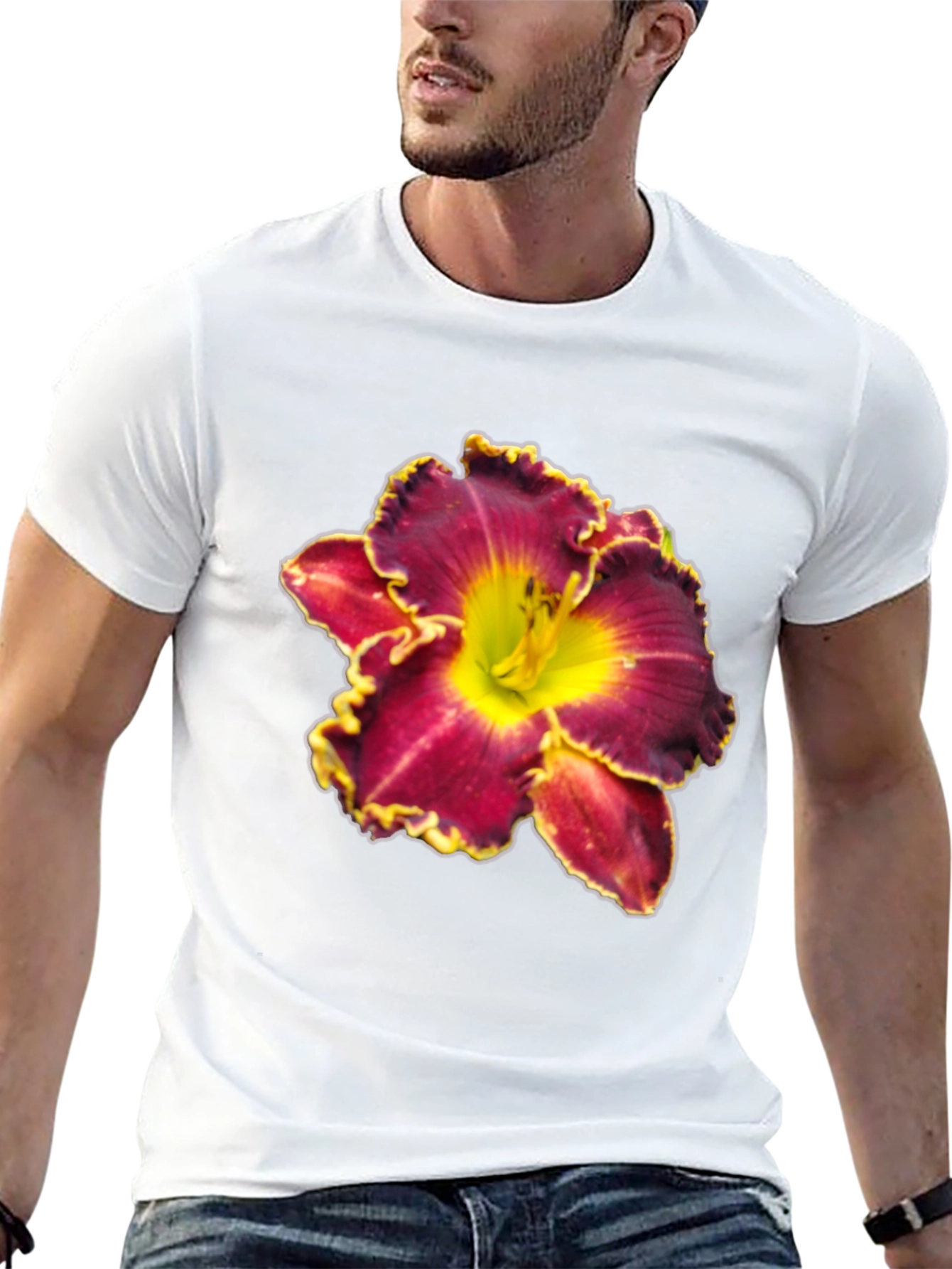 Floral T-Shirt: Maroon & Yellow Lily Design