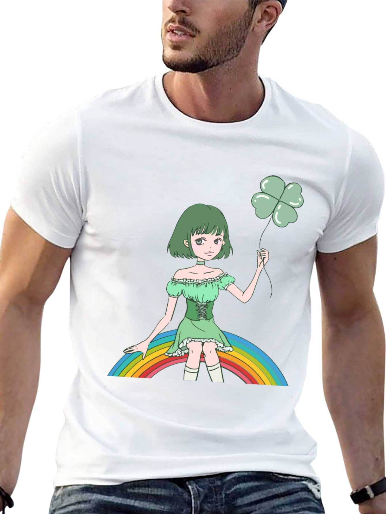 Anime Girl Clover Rainbow Black T-Shirt